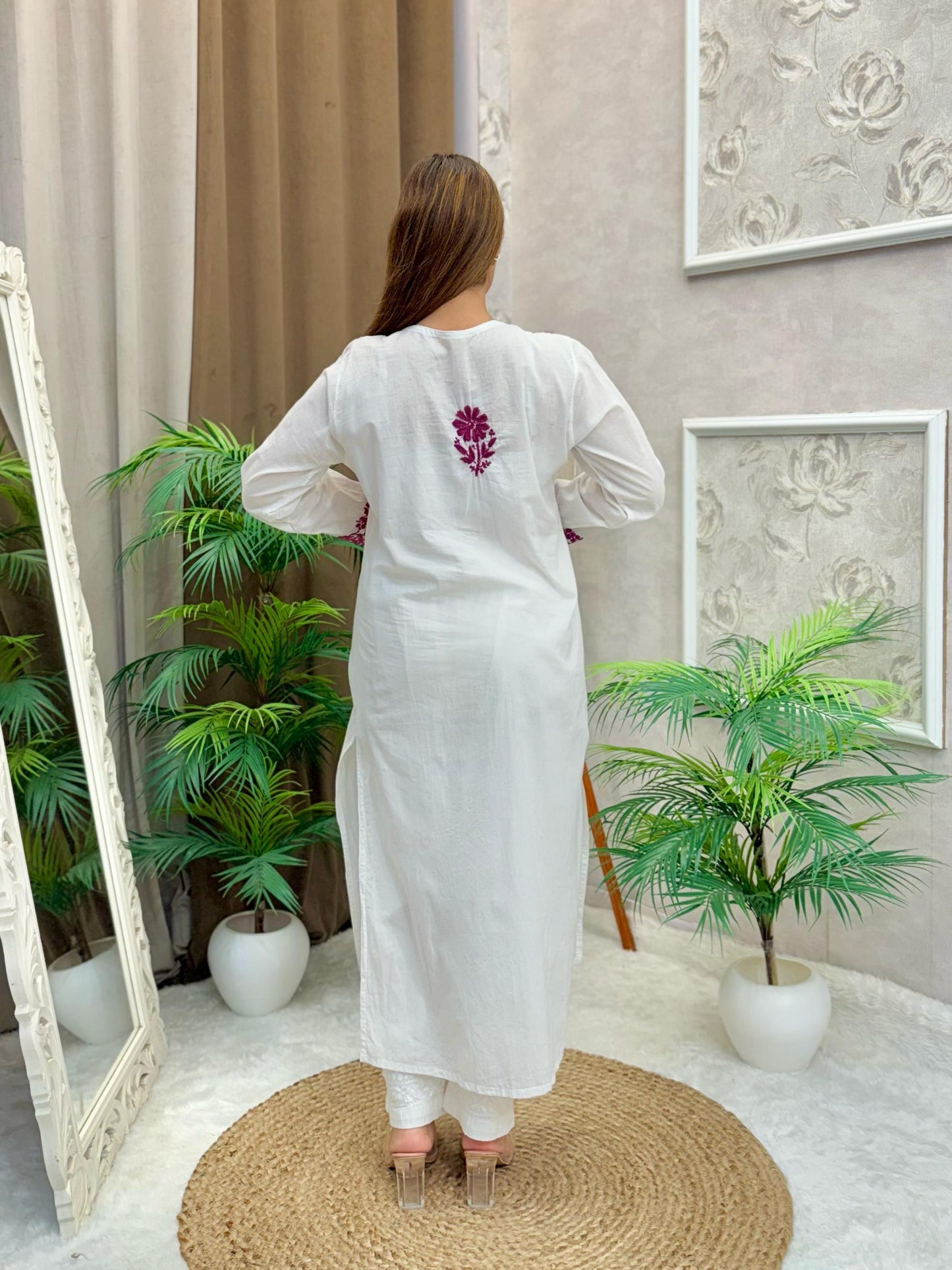 White mulmul chikankari kurta with wine-colored contrast thread hand embroidery