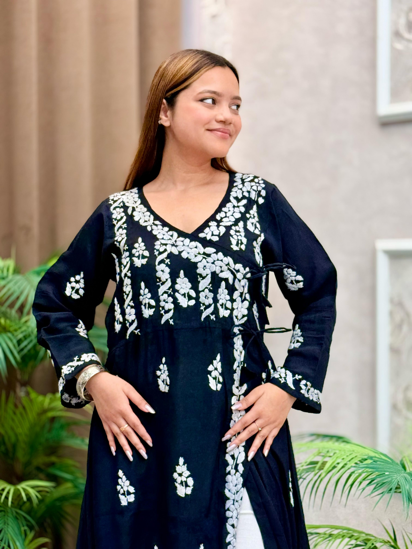 Black Chanderi Lucknow Chikankari angrakha kurta with white hand embroidery