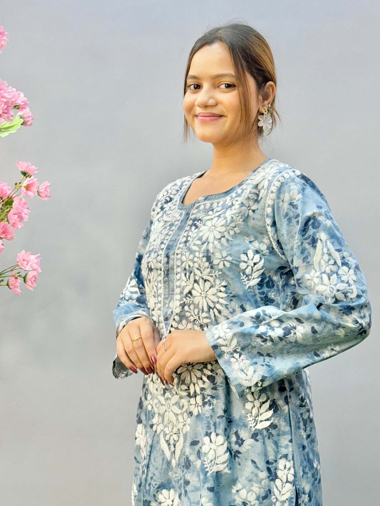 Dusty blue printed Lucknow chikankari kurta and palazzo set in soft mulmul fabric
