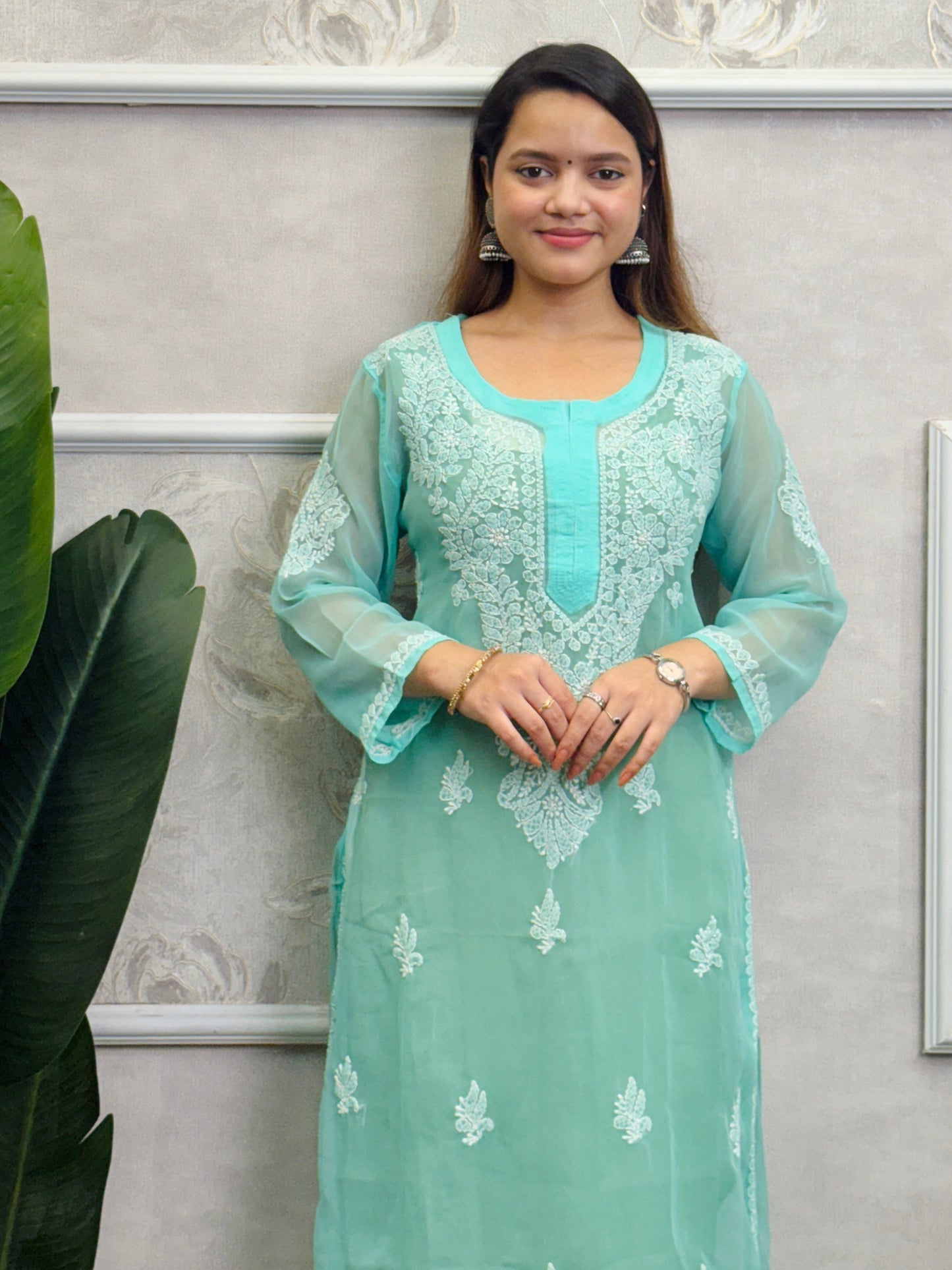 Sea Green Georgette Lucknow Chikankari Kurta with delicate hand embroidery, translucent fabric, casual wear.