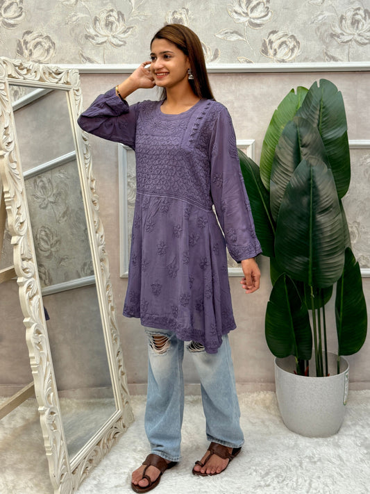 Lucknow chikankari smokey lavender viscose short kurta with hand embroidery