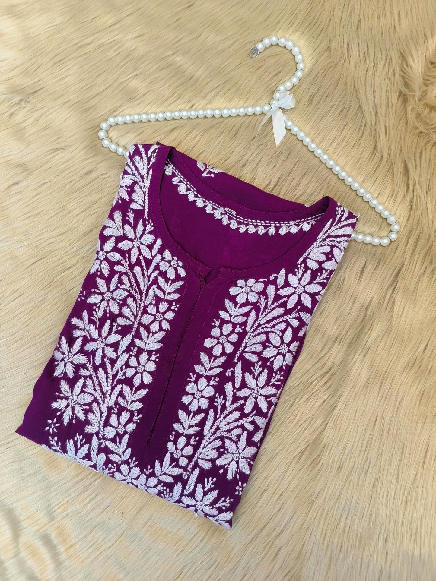 Purple modal chikankari kurta with white thread hand embroidery