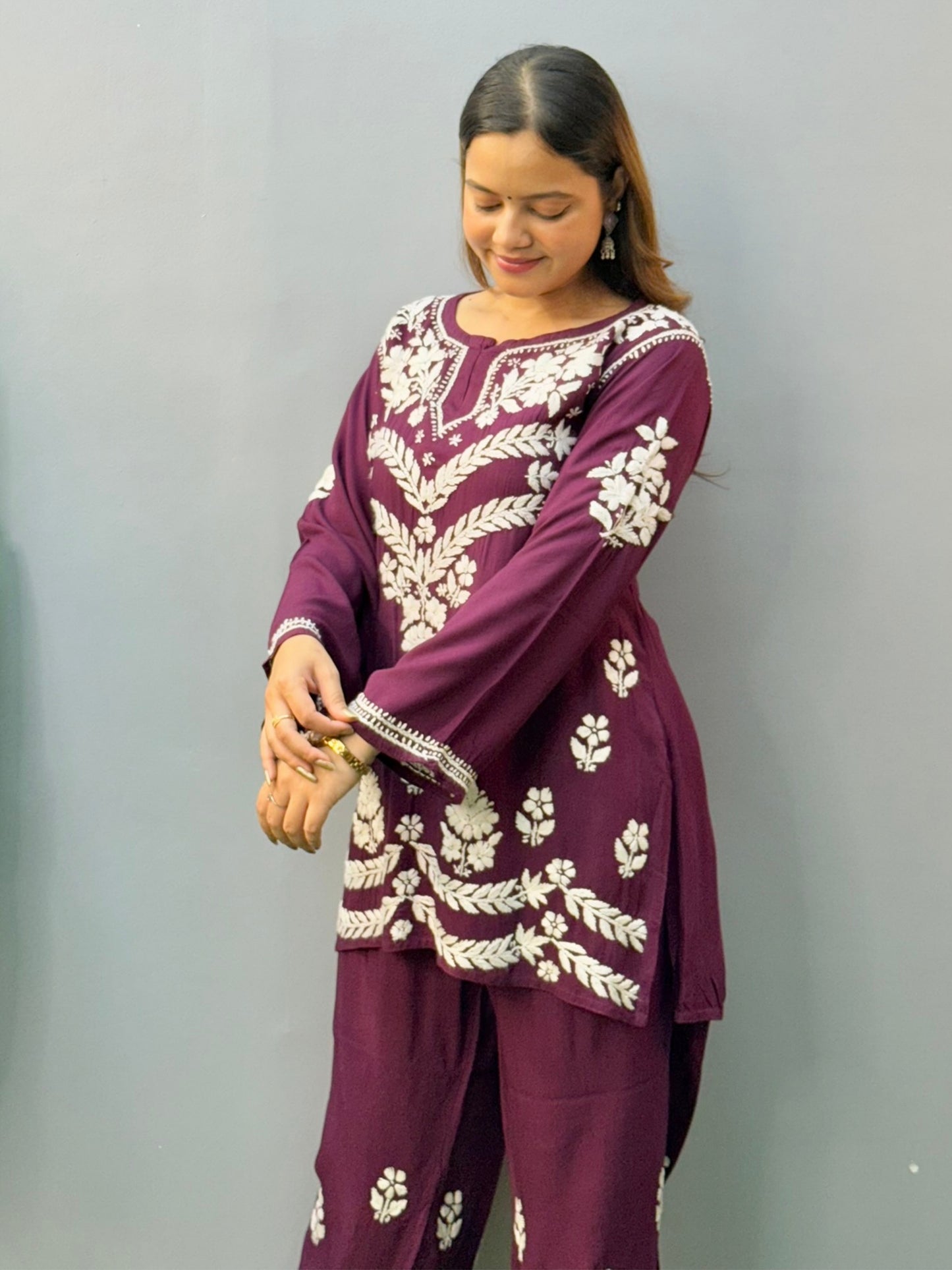 Plum purple short chikankari kurta and pant set in rayon fabric with white hand embroidery