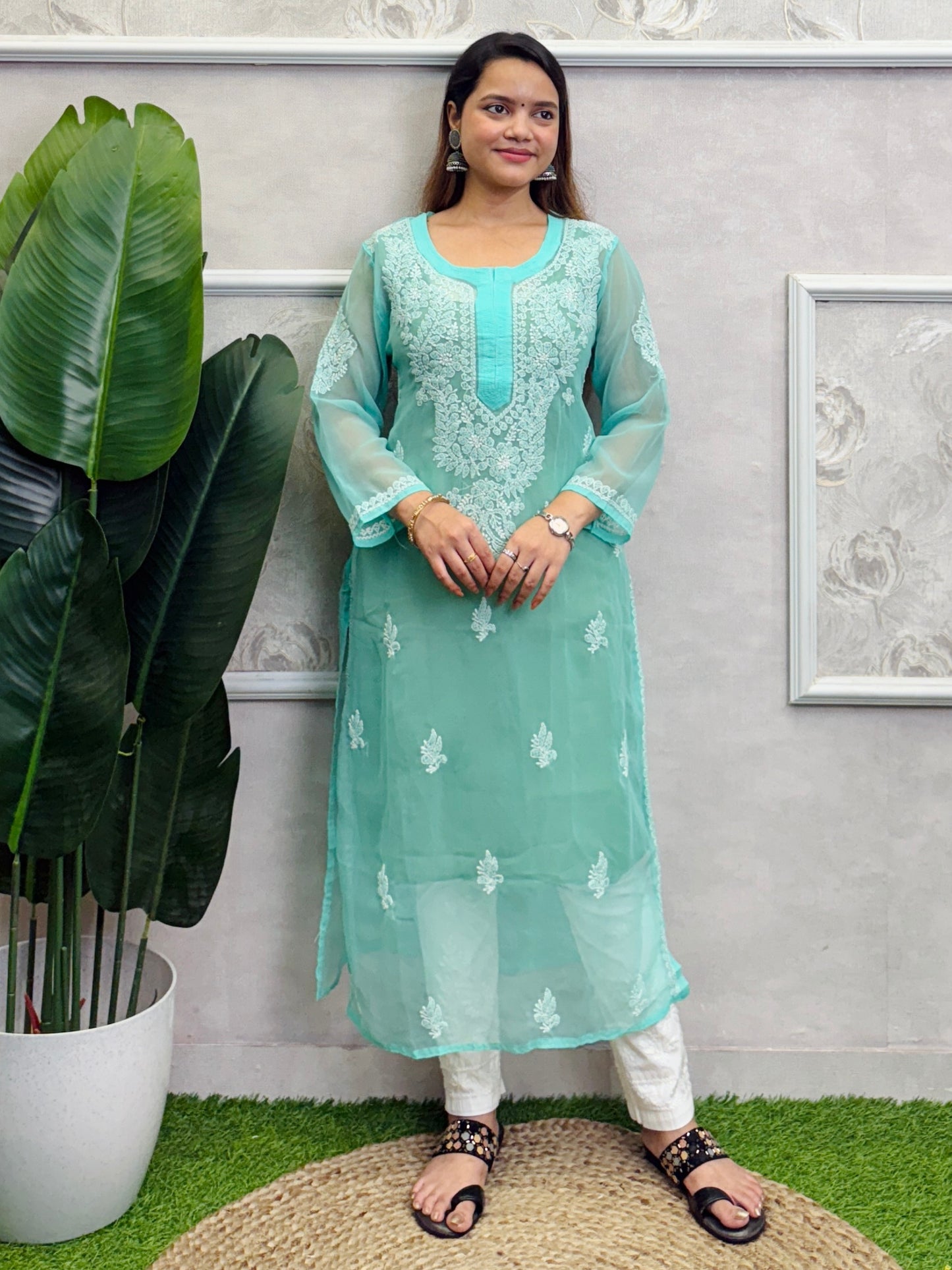 Sea Green Georgette Lucknow Chikankari Kurta with delicate hand embroidery, translucent fabric, casual wear.