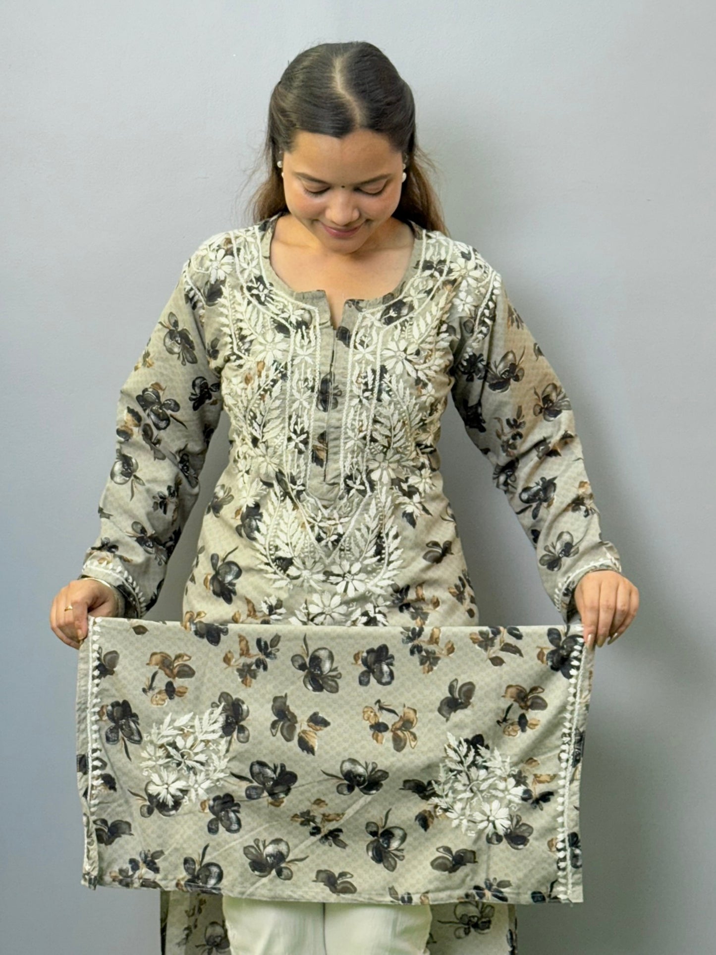 Beige printed rayon kurta with hand-embroidered chikankari and floral motifs