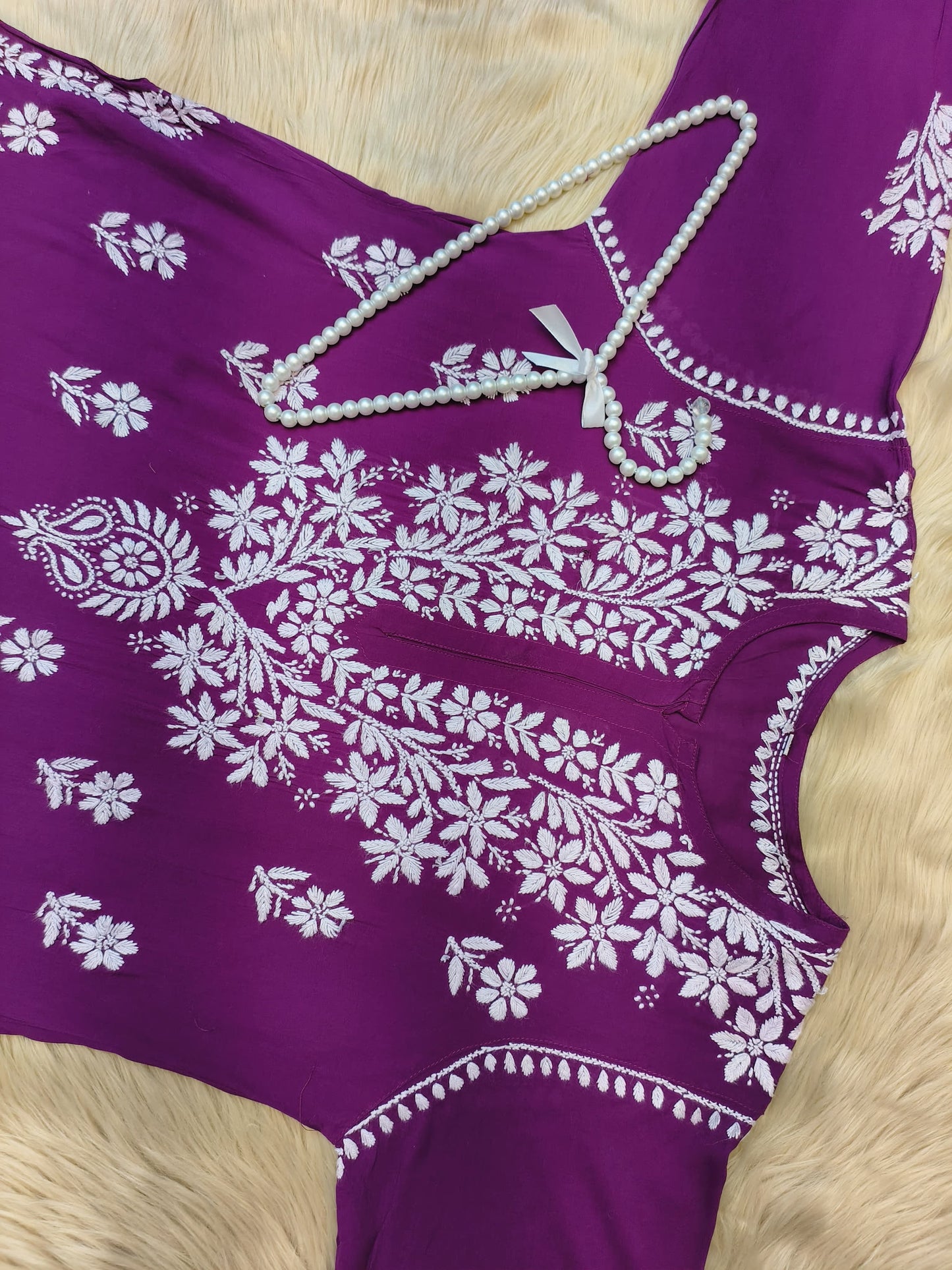 Purple modal chikankari kurta with white thread hand embroidery