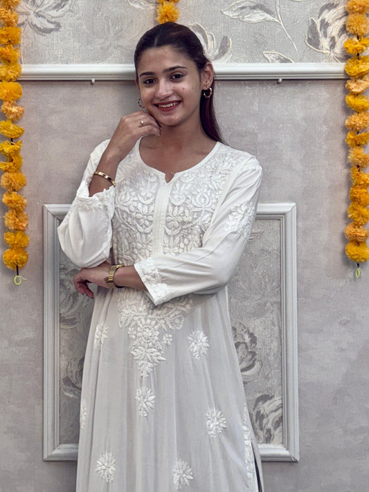 White rayon chikankari kurta with hand embroidery, dyable and premium quality