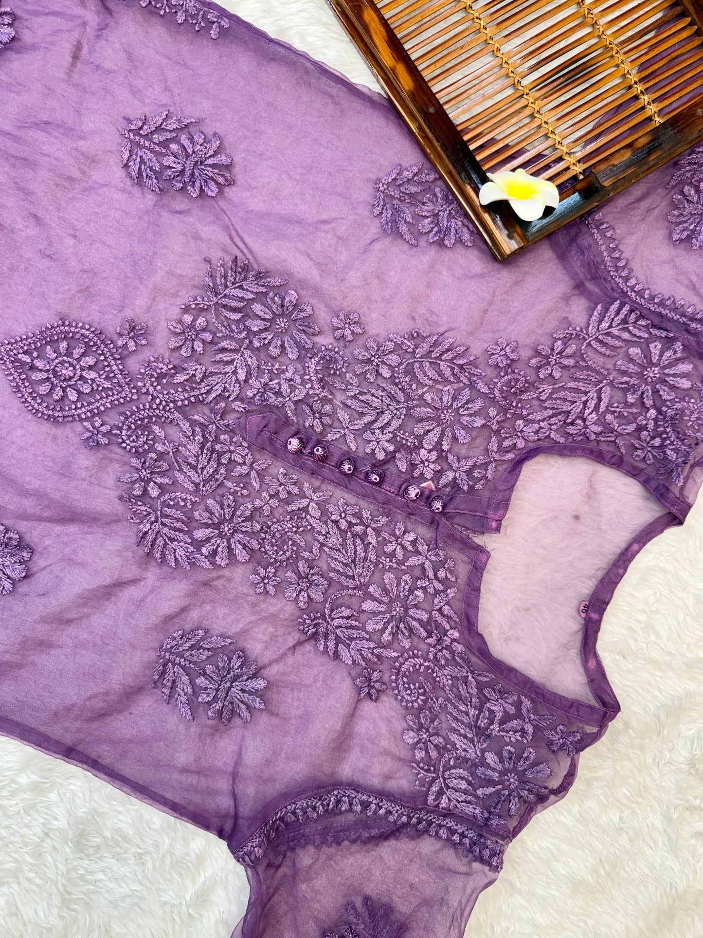Purple Lucknow chikankari organza kurta with hand embroidery in transy fabric