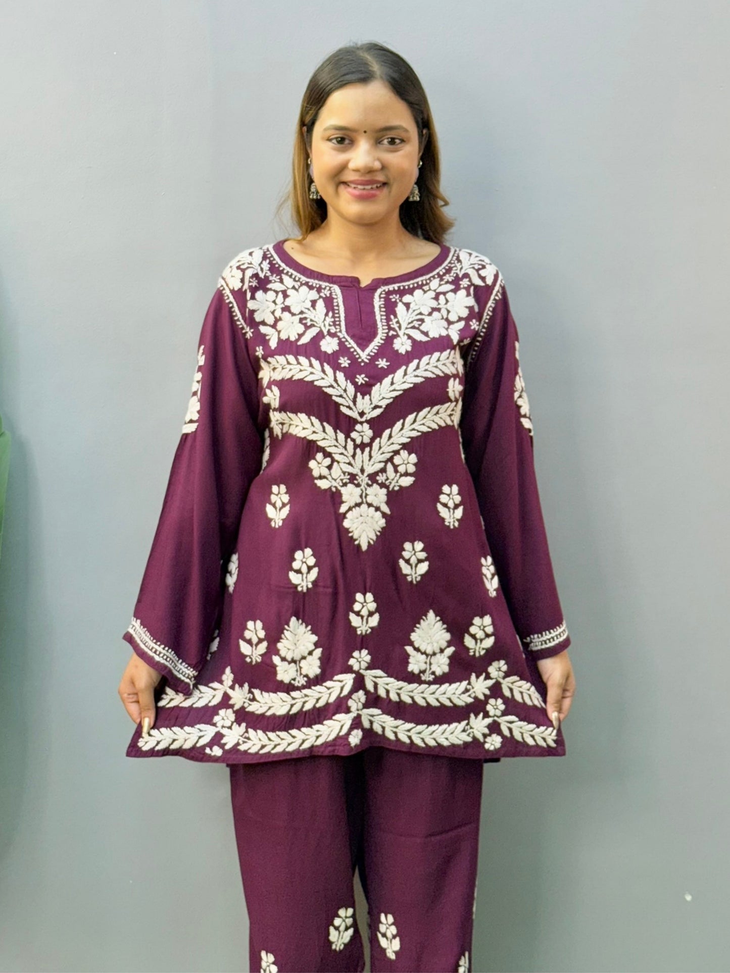 Plum purple short chikankari kurta and pant set in rayon fabric with white hand embroidery