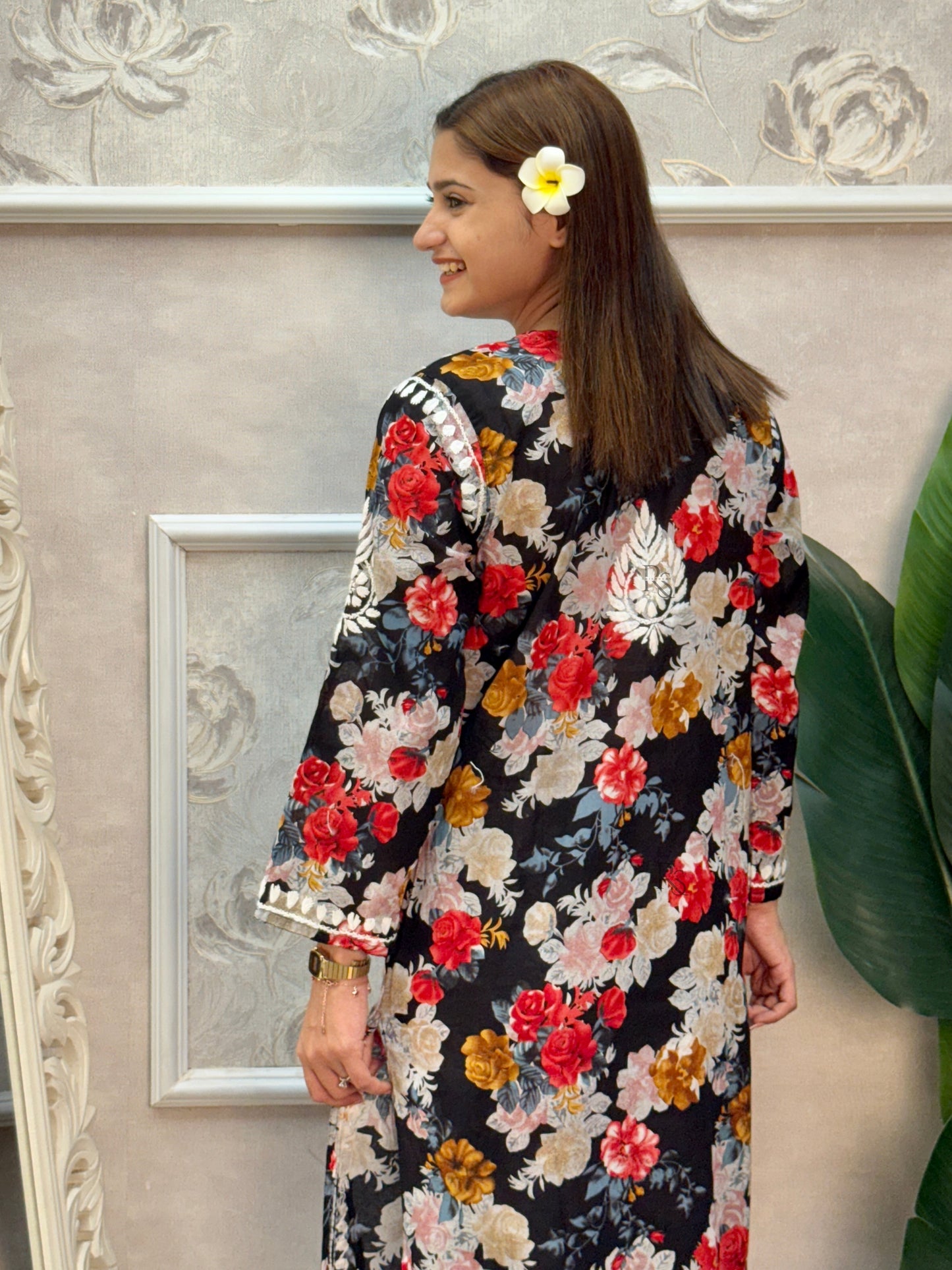 Black printed mulmul Lucknow Chikankari kurta and palazzo set with hand embroidery