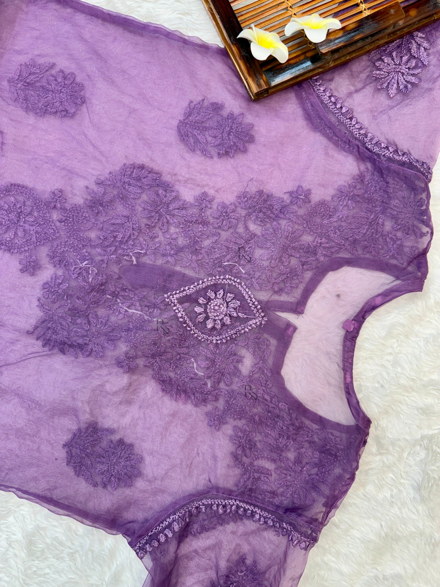 Purple Lucknow chikankari organza kurta with hand embroidery in transy fabric