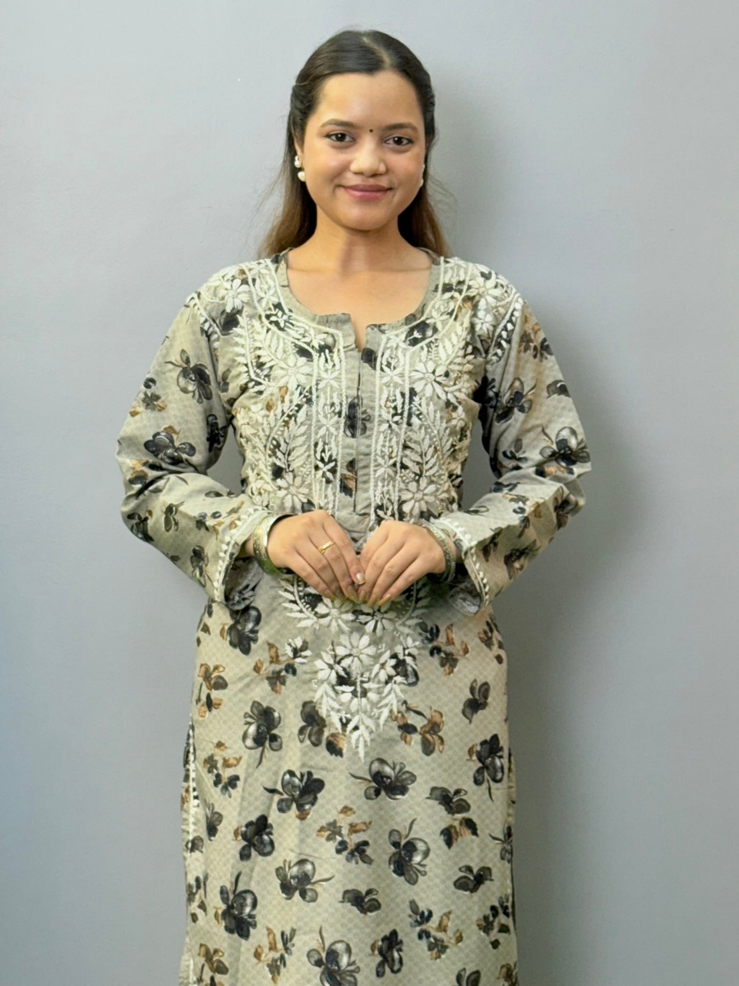 Beige printed rayon kurta with hand-embroidered chikankari and floral motifs