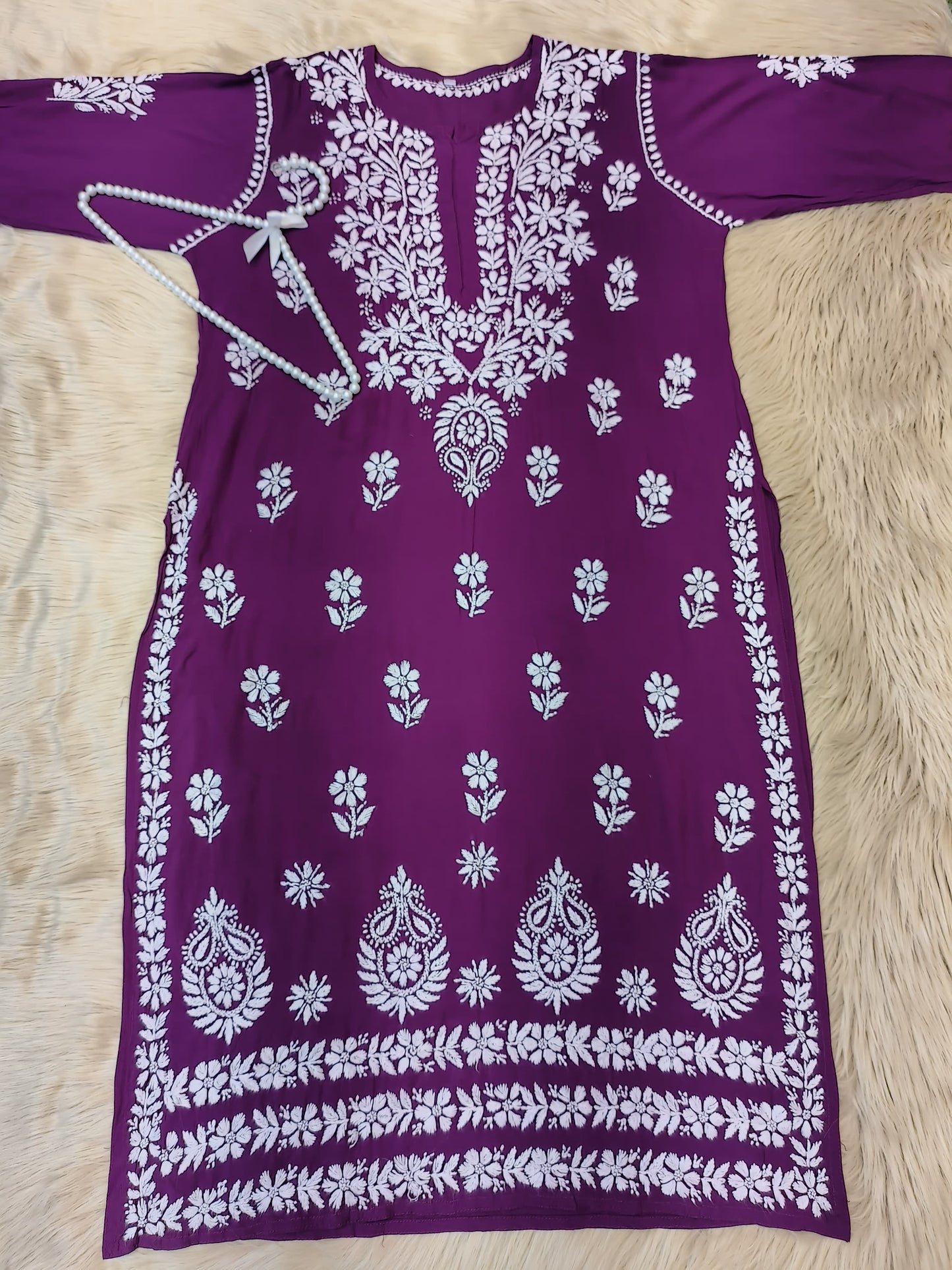 Purple modal chikankari kurta with white thread hand embroidery