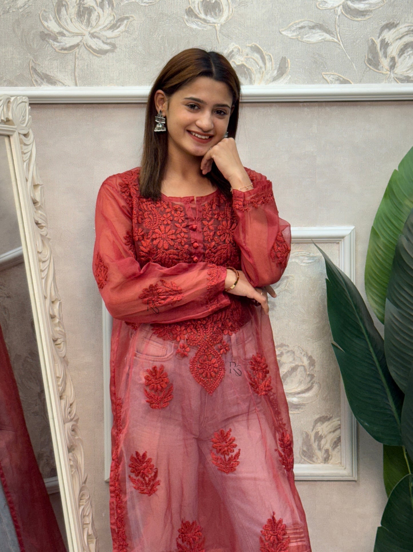 Red Lucknow Chikankari organza kurta with hand embroidery in transy fabric.