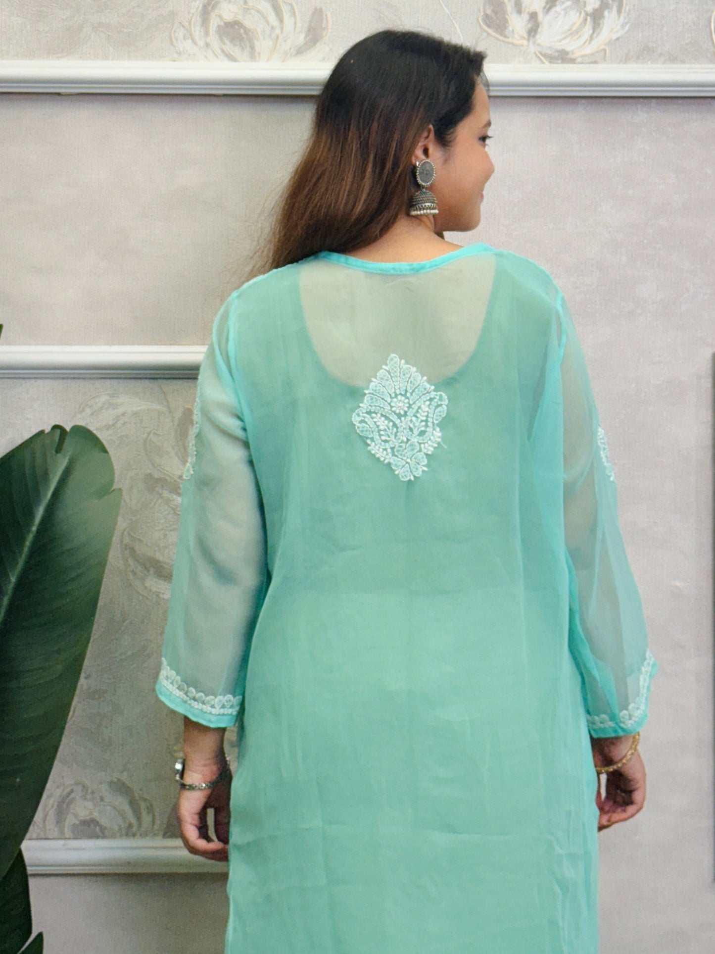 Sea Green Georgette Lucknow Chikankari Kurta with delicate hand embroidery, translucent fabric, casual wear.