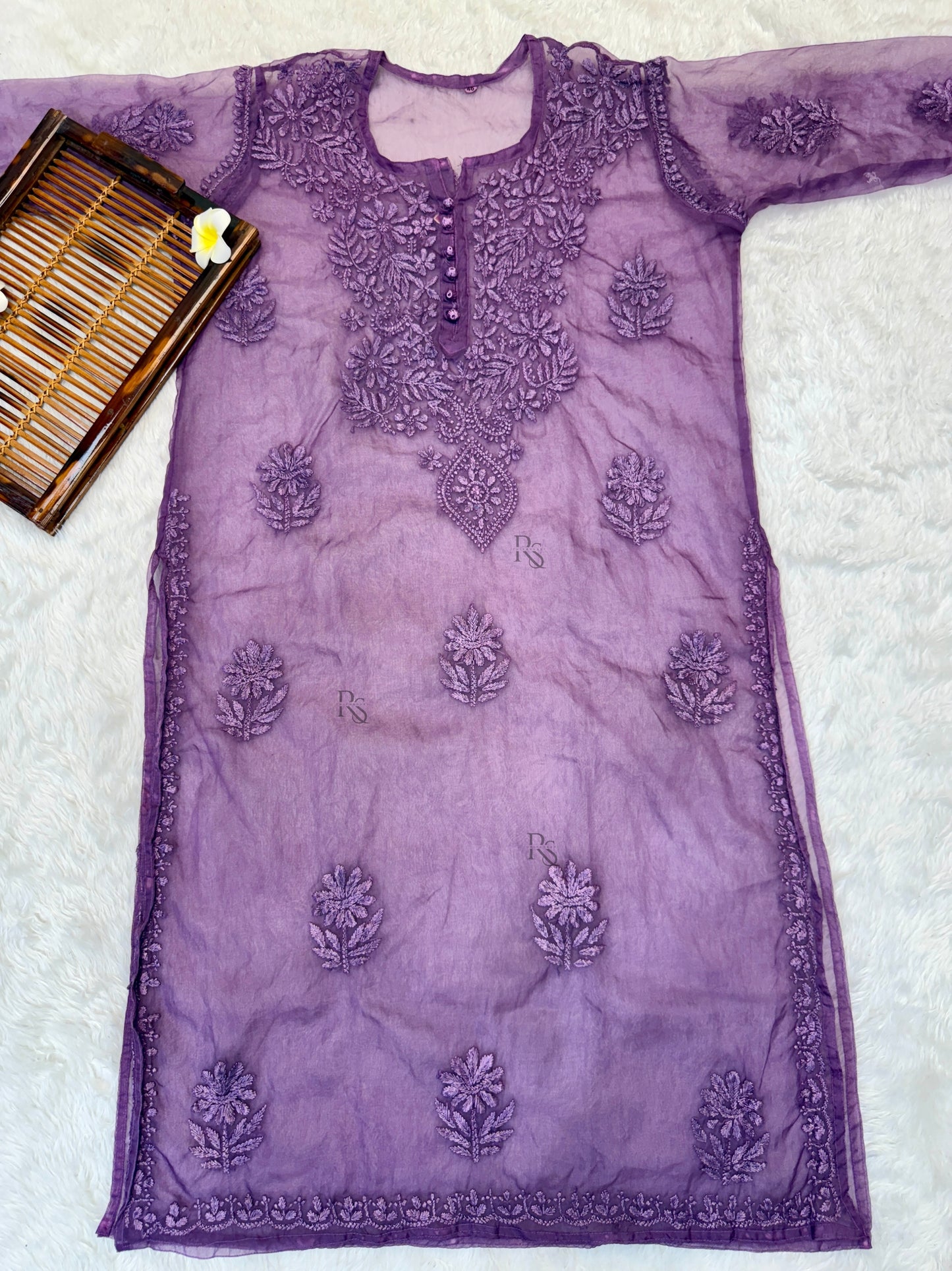 Purple Lucknow chikankari organza kurta with hand embroidery in transy fabric