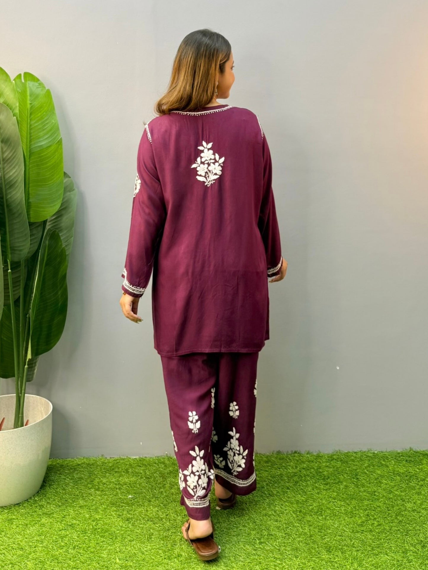 Plum purple short chikankari kurta and pant set in rayon fabric with white hand embroidery