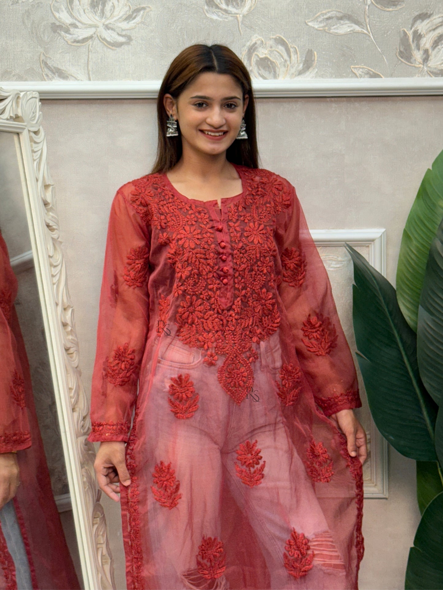 Red Lucknow Chikankari organza kurta with hand embroidery in transy fabric.
