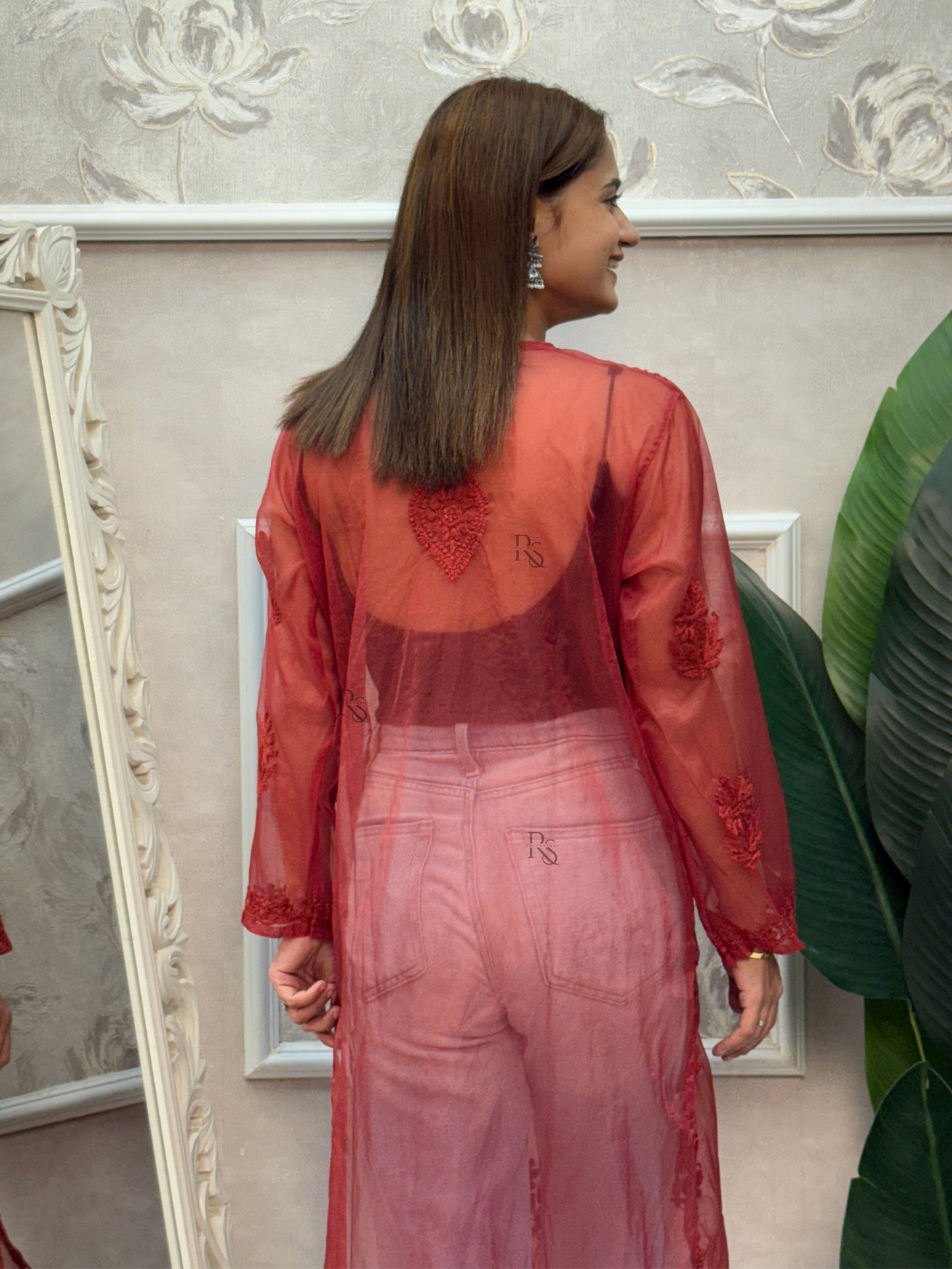 Red Lucknow Chikankari organza kurta with hand embroidery in transy fabric.