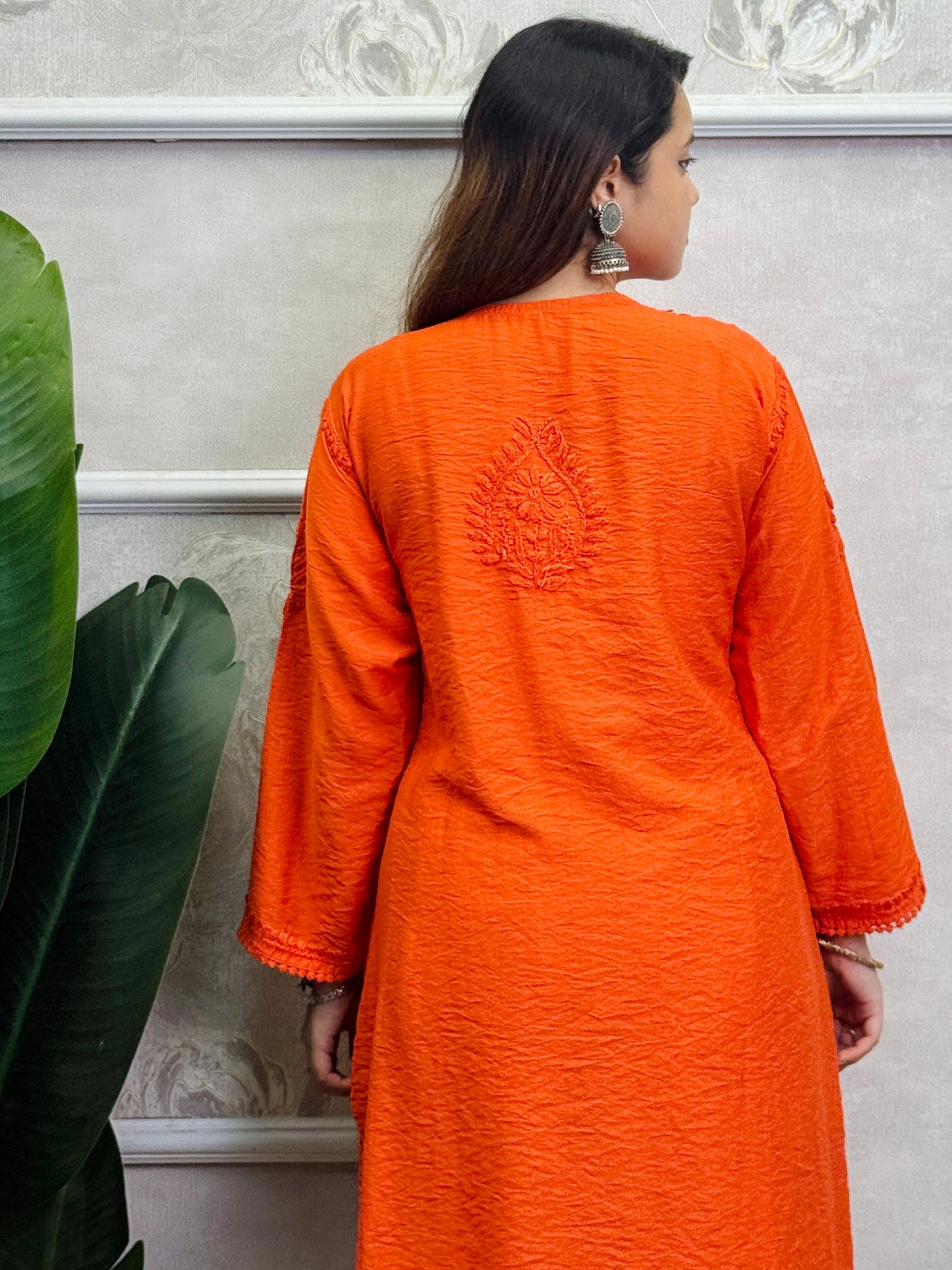 Orange Lucknow Chikankari Kurta and Pant set in chanderi fabric with hand embroidery