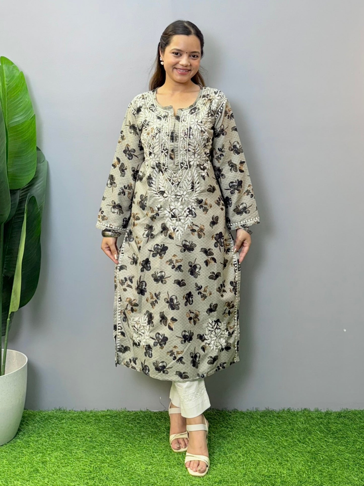 Beige printed rayon kurta with hand-embroidered chikankari and floral motifs