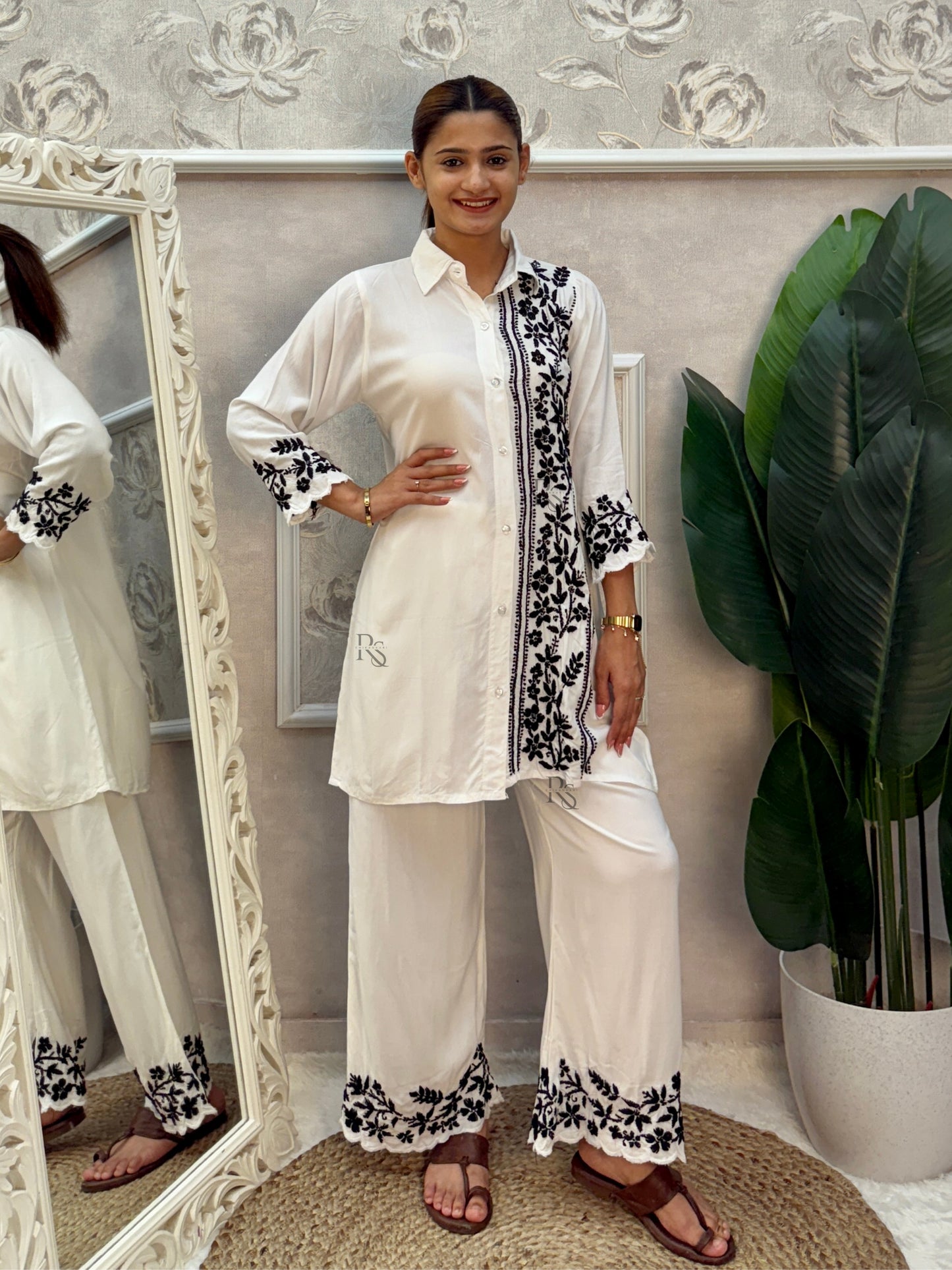 White rayon Lucknow Chikankari kurta and palazzo set with black thread hand embroidery