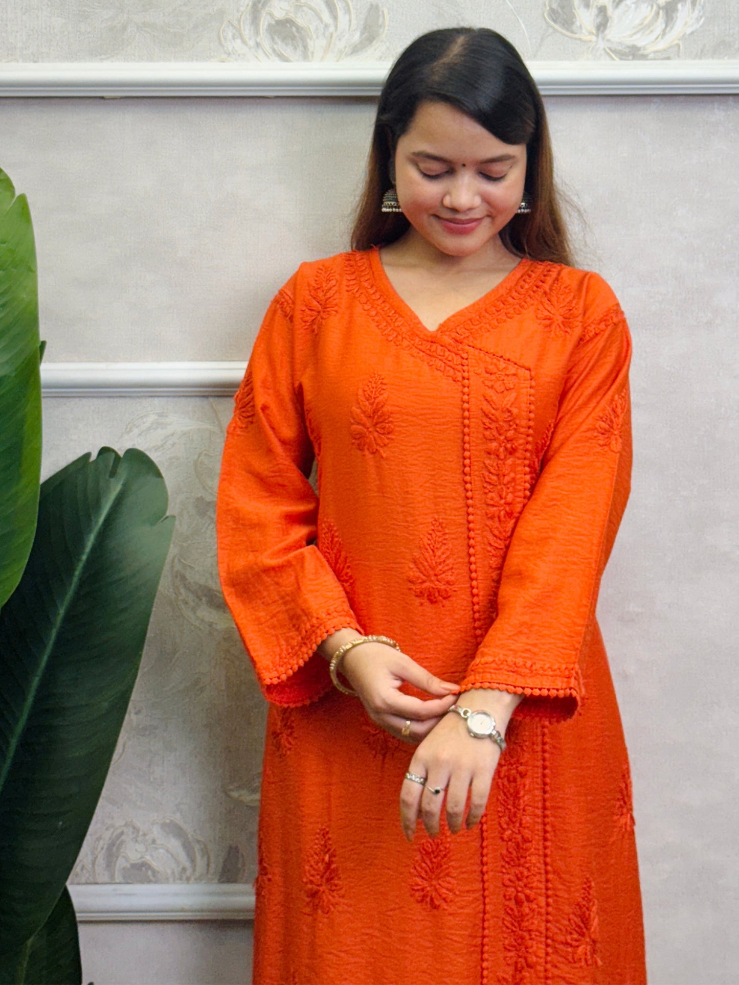 Orange Lucknow Chikankari Kurta and Pant set in chanderi fabric with hand embroidery
