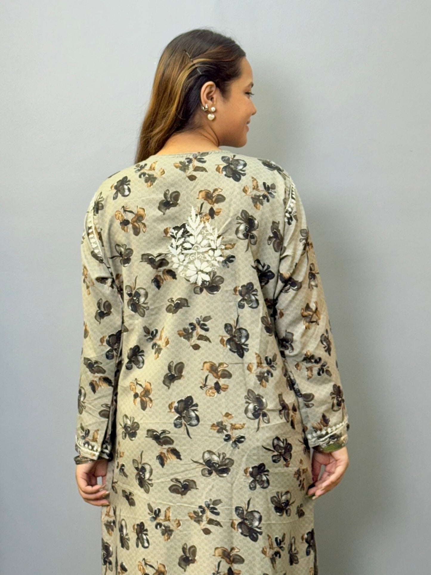 Beige printed rayon kurta with hand-embroidered chikankari and floral motifs