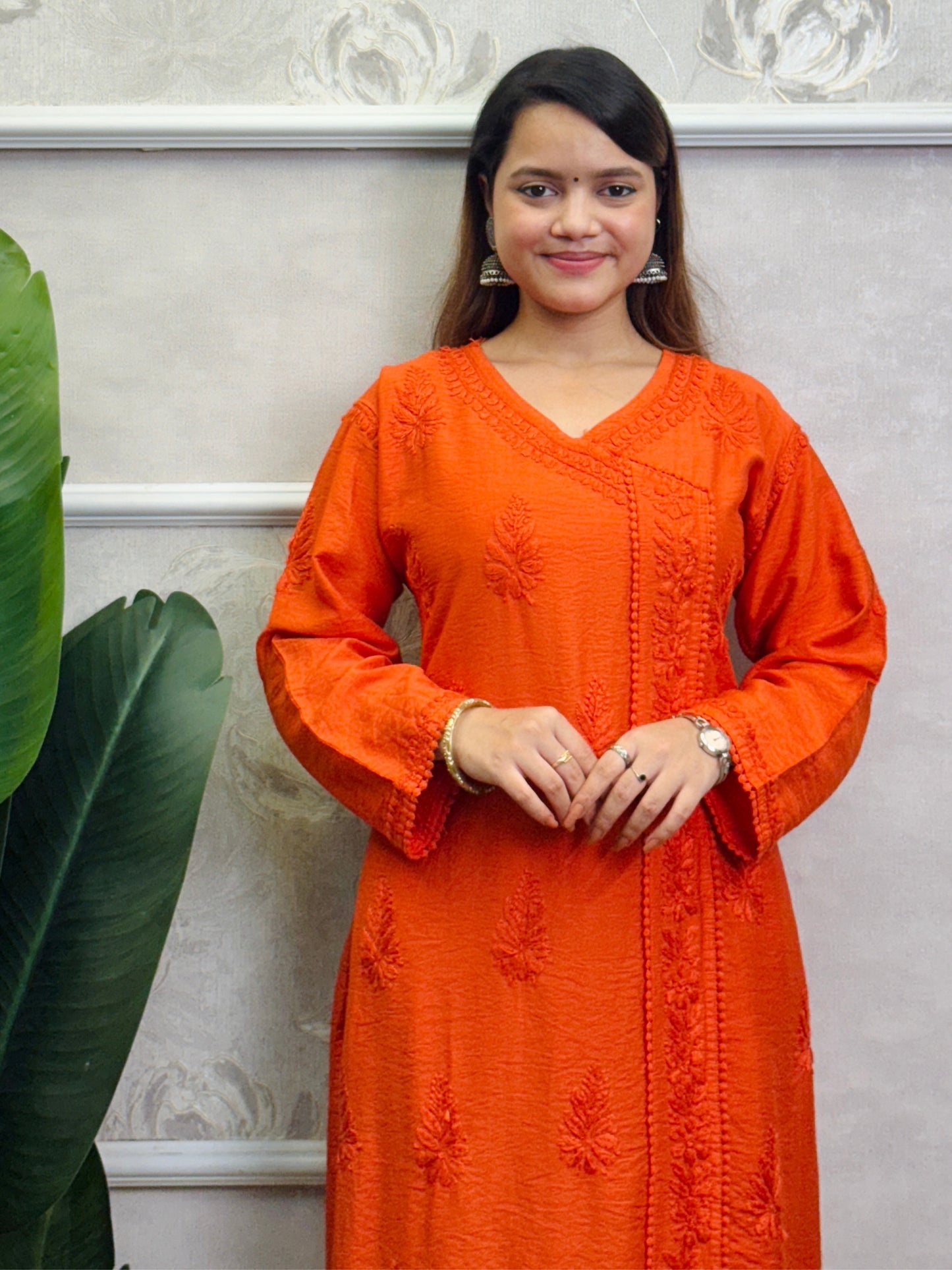 Orange Lucknow Chikankari Kurta and Pant set in chanderi fabric with hand embroidery