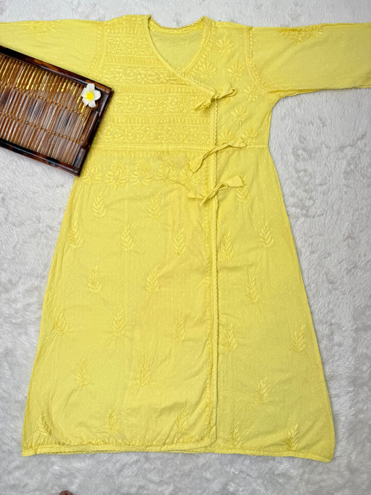 Lucknow chikankari sunshine yellow dobby cotton angrakha kurta with hand embroidery