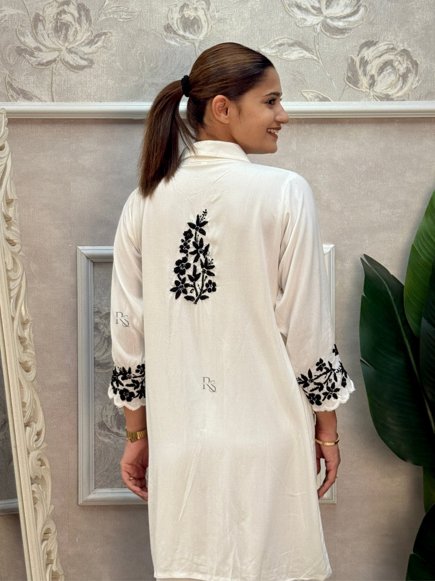 White rayon Lucknow Chikankari kurta and palazzo set with black thread hand embroidery