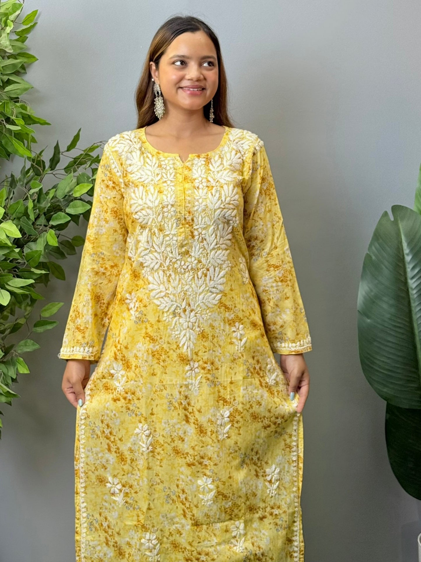 Summer-Friendly Yellow Printed Chikankari Kurta in Mulmul Fabric