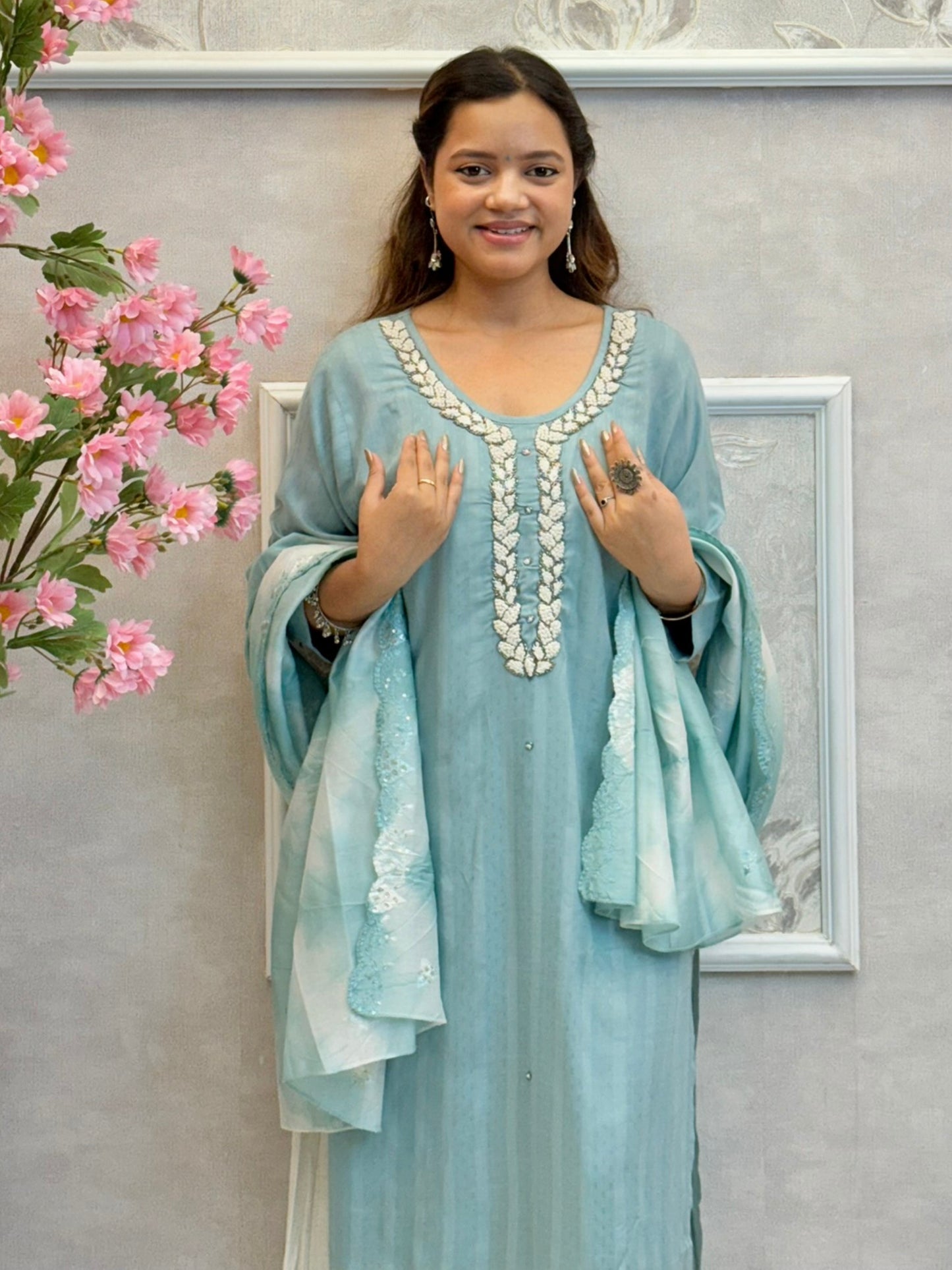 Sky blue rayon kurta set with palazzo and printed chanderi dupatta, featuring embroidered neckline