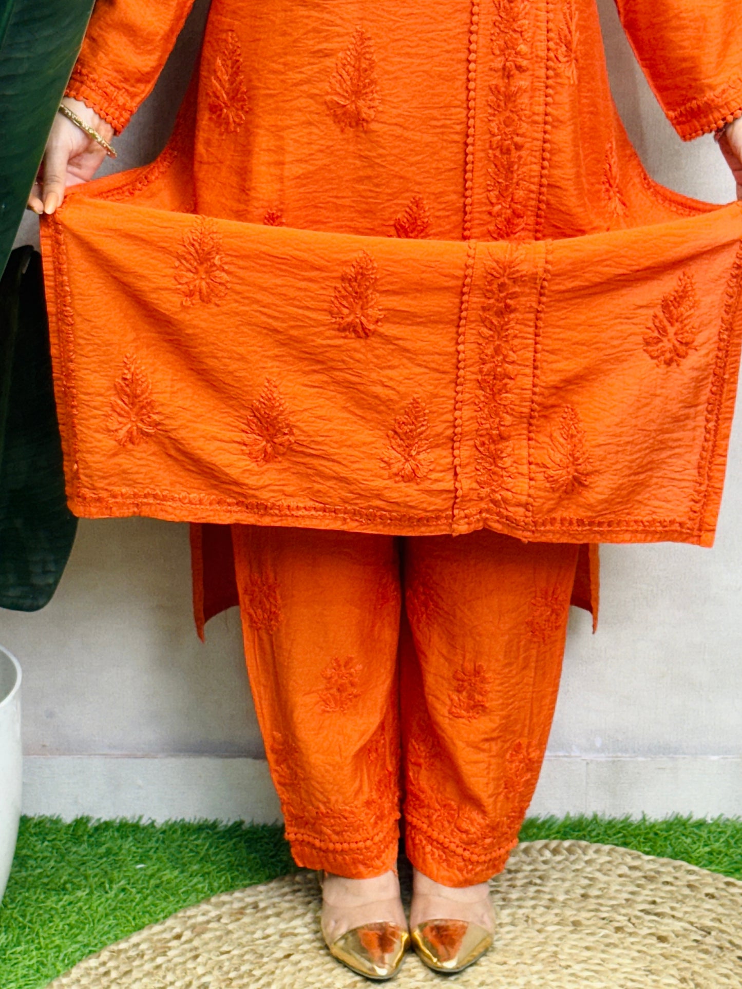Orange Lucknow Chikankari Kurta and Pant set in chanderi fabric with hand embroidery