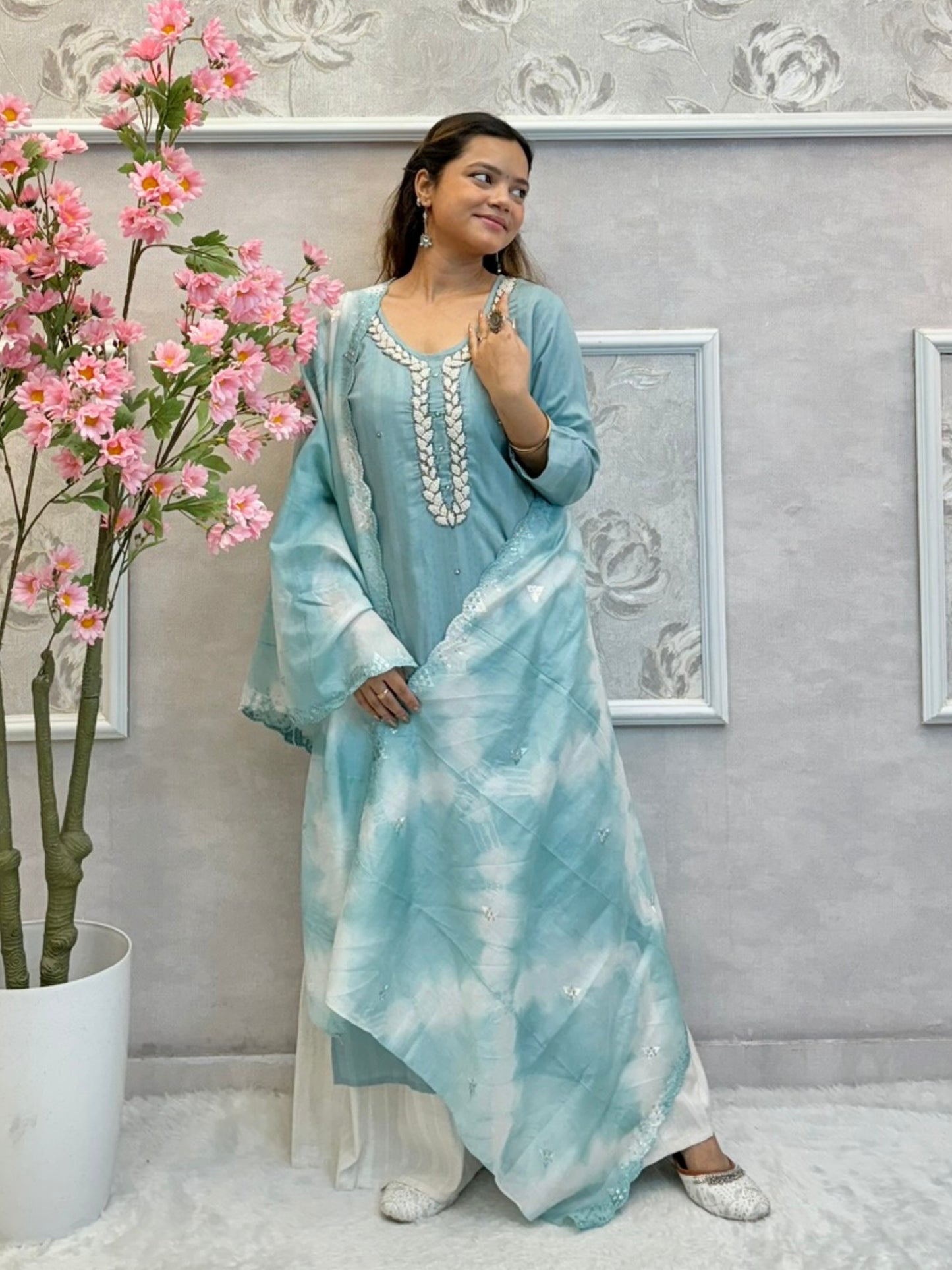 Sky blue rayon kurta set with palazzo and printed chanderi dupatta, featuring embroidered neckline