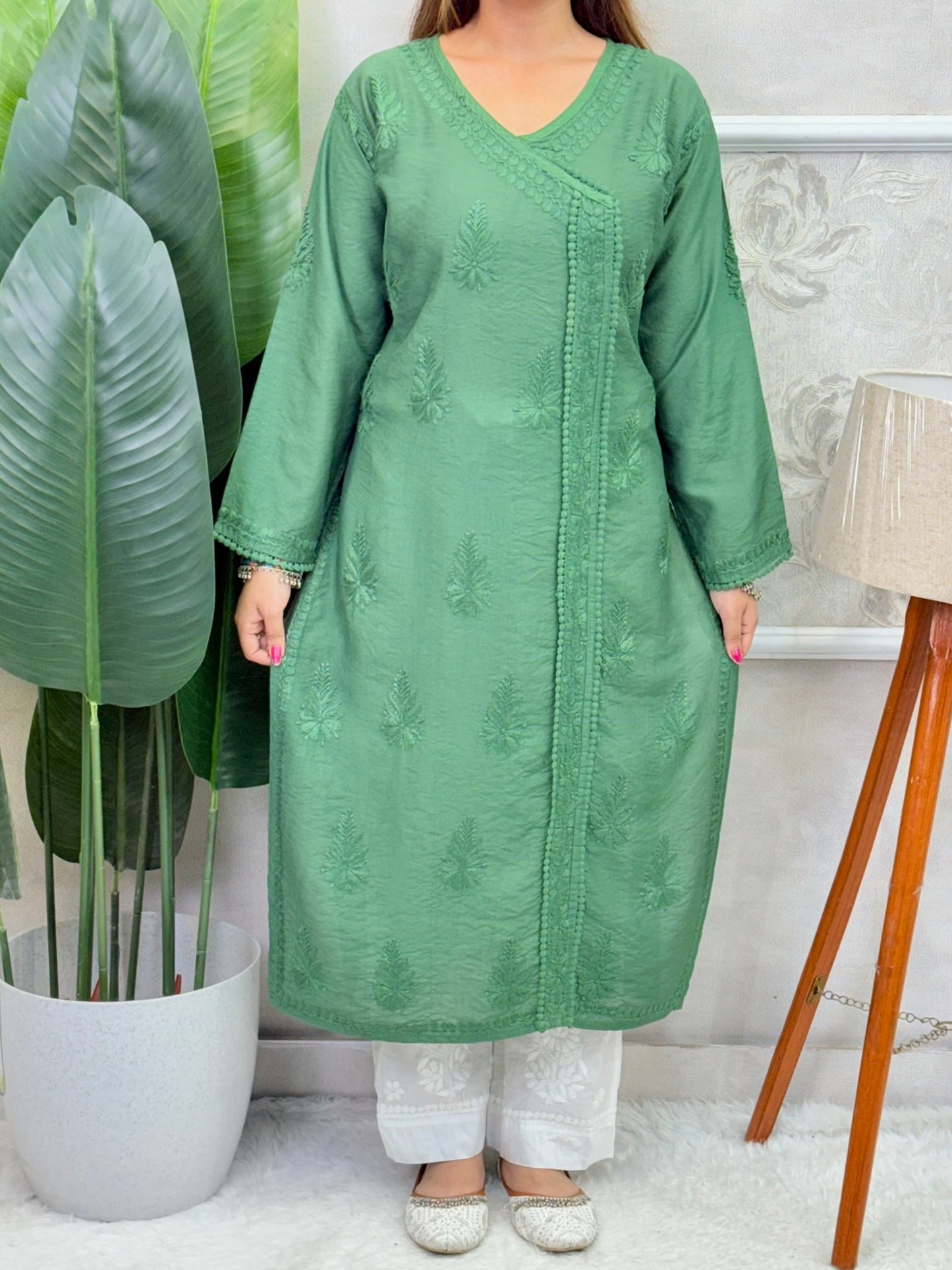 Emerald green Chanderi Chikankari Angrakha-style kurta with hand embroidery – ethnic wear for women