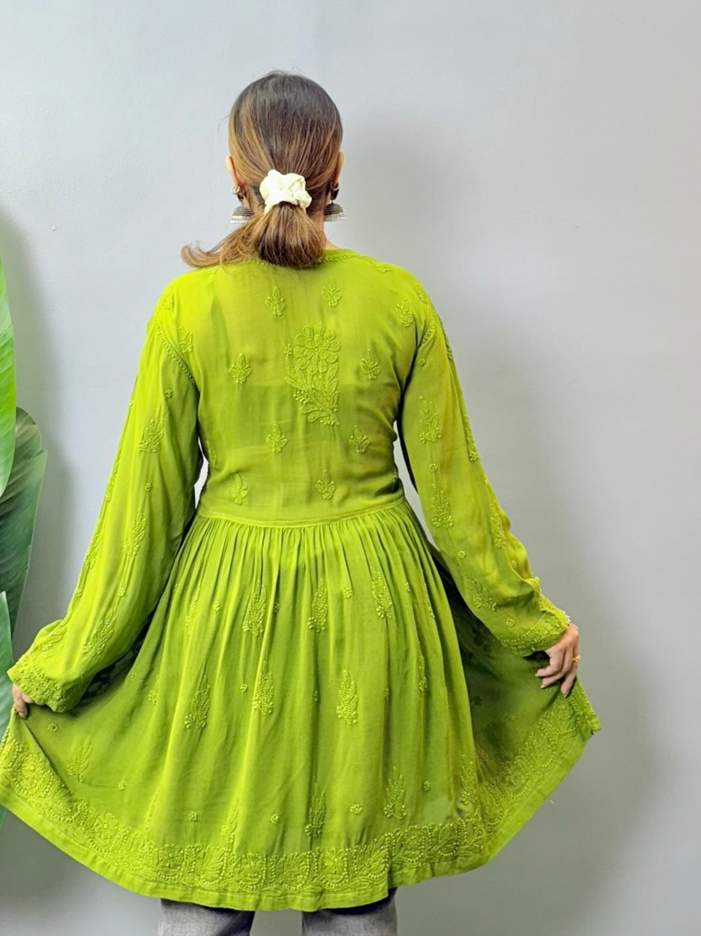 Olive green viscose angrakha-style Lucknowi Chikankari short kurta with hand embroidery