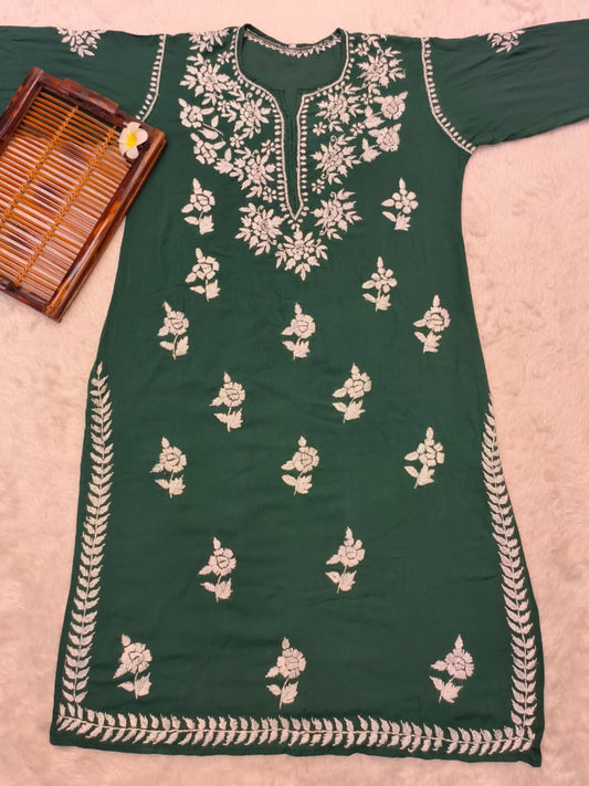 Dark green modal chikankari kurta with white hand embroidery, premium quality