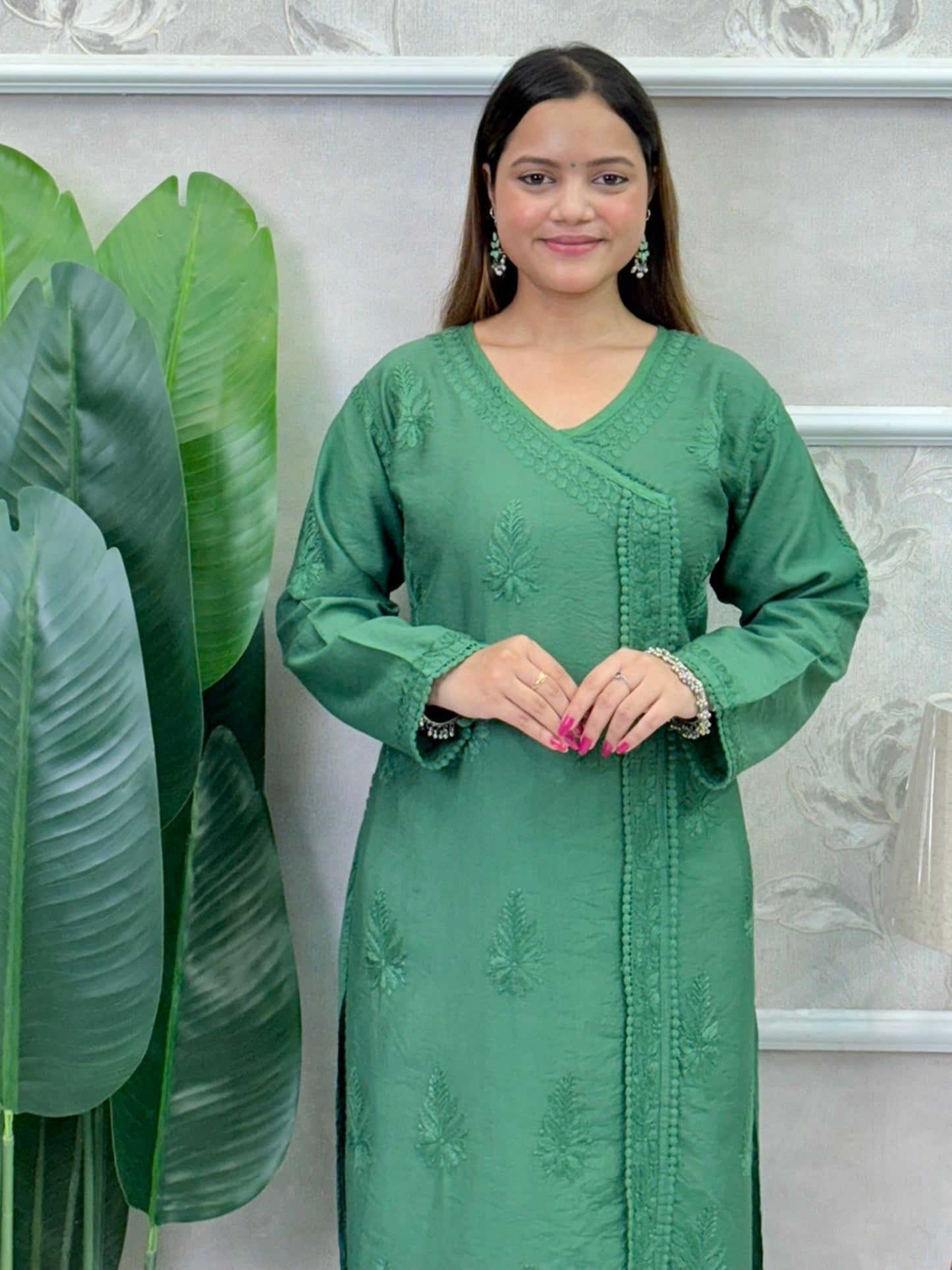 Emerald green Chanderi Chikankari Angrakha-style kurta with hand embroidery – ethnic wear for women