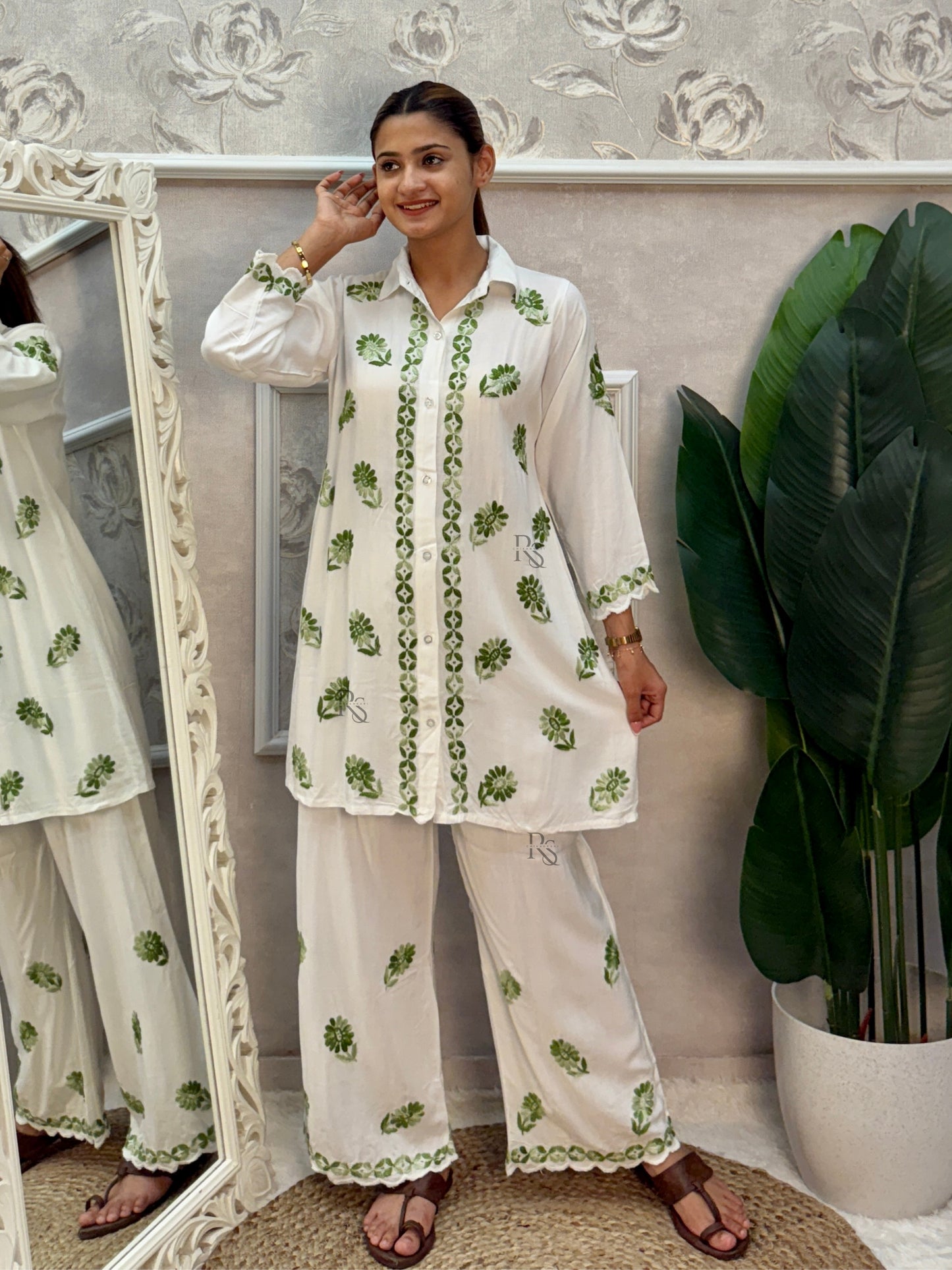 White rayon Lucknow Chikankari kurta and palazzo set with green thread hand embroidery