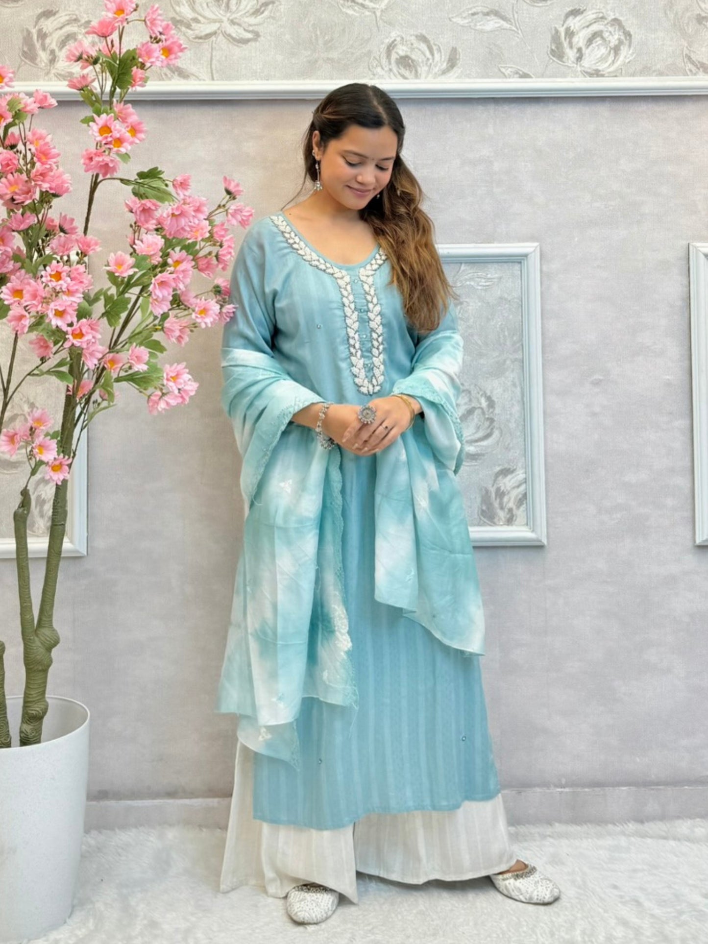 Sky blue rayon kurta with white palazzo and tie-dye chiffon dupatta casual wear set