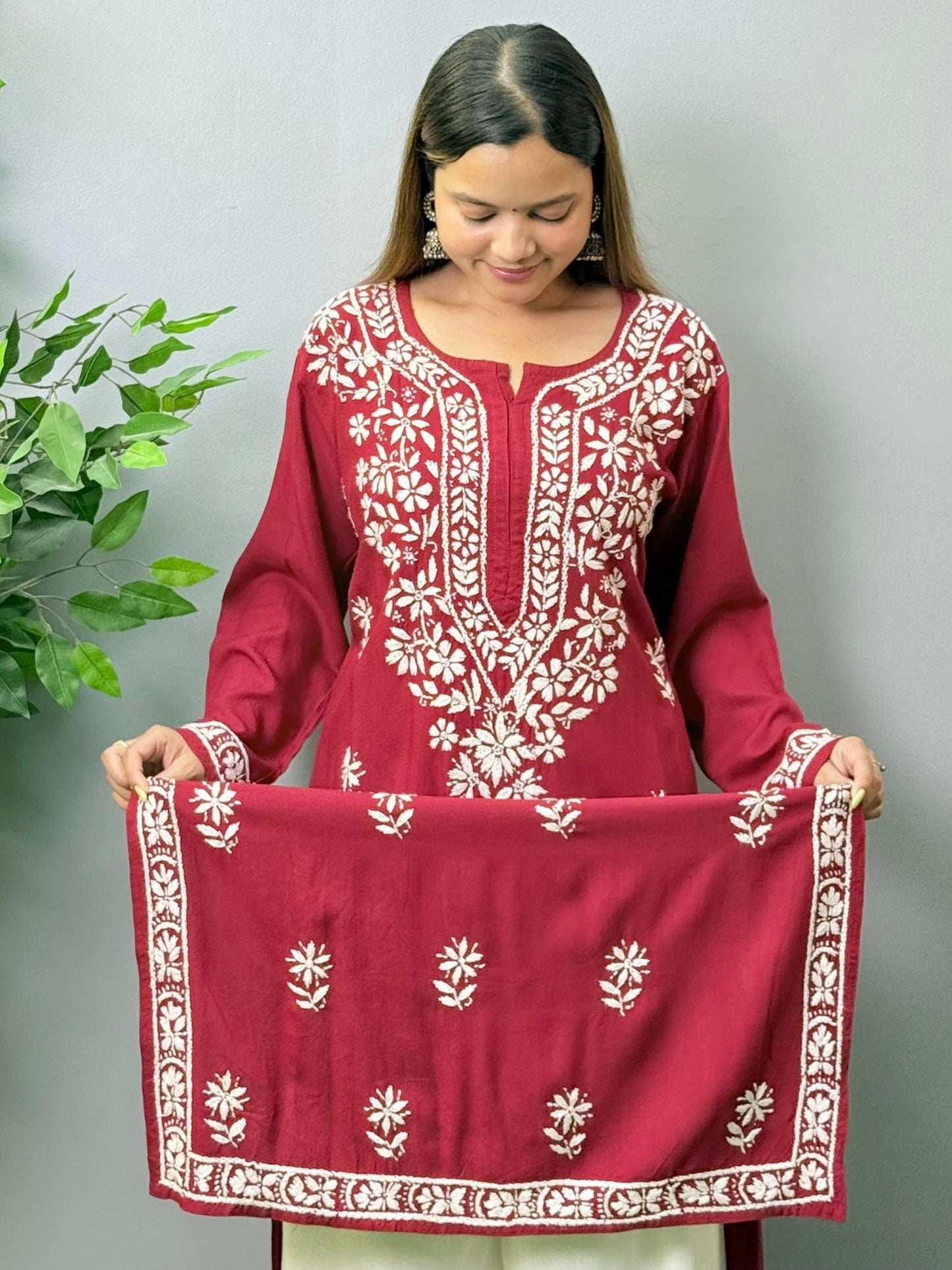 Maroon rayon Lucknow Chikankari kurta with white thread hand embroidery