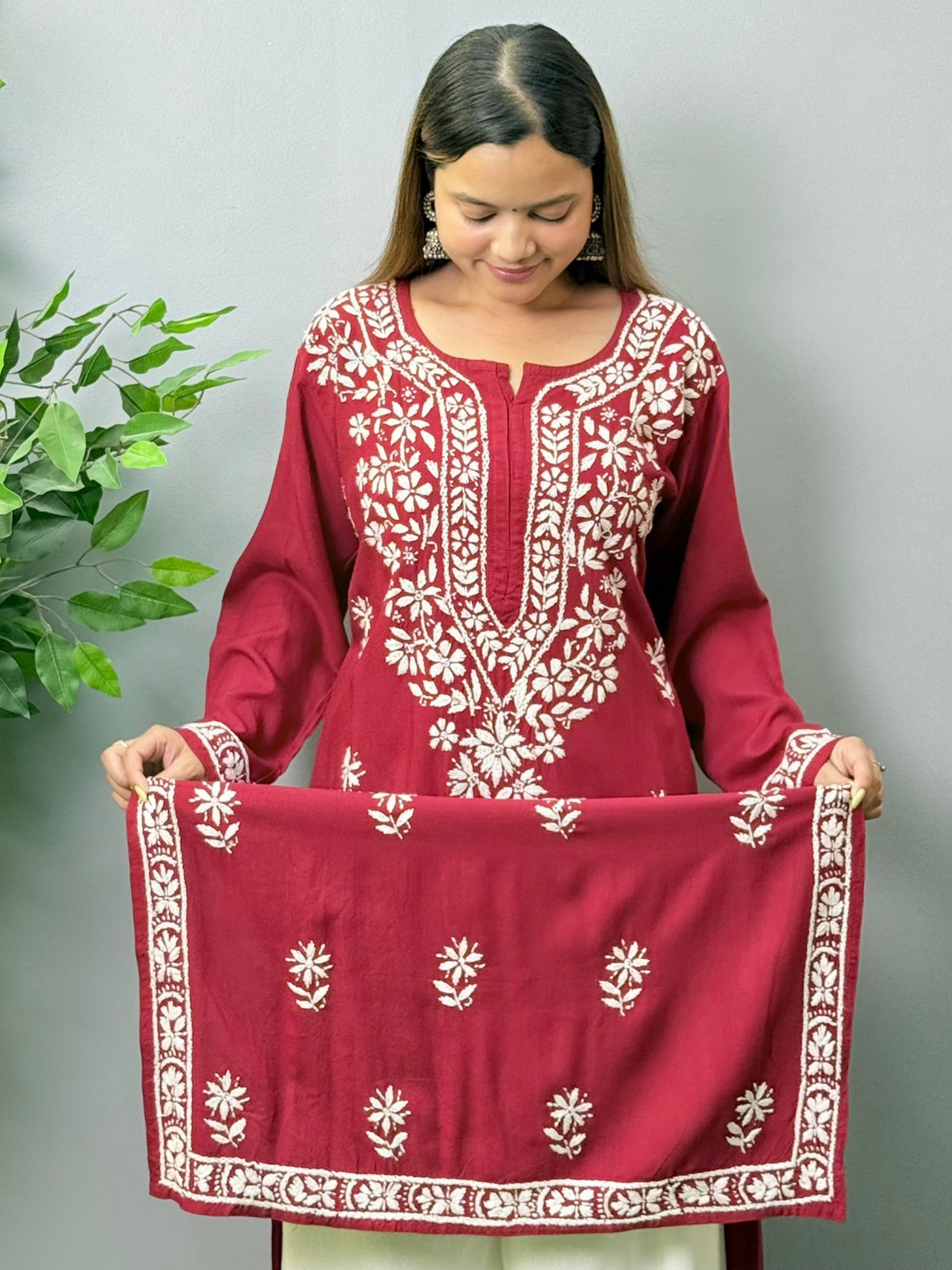 Maroon rayon Lucknow Chikankari kurta with white thread hand embroidery