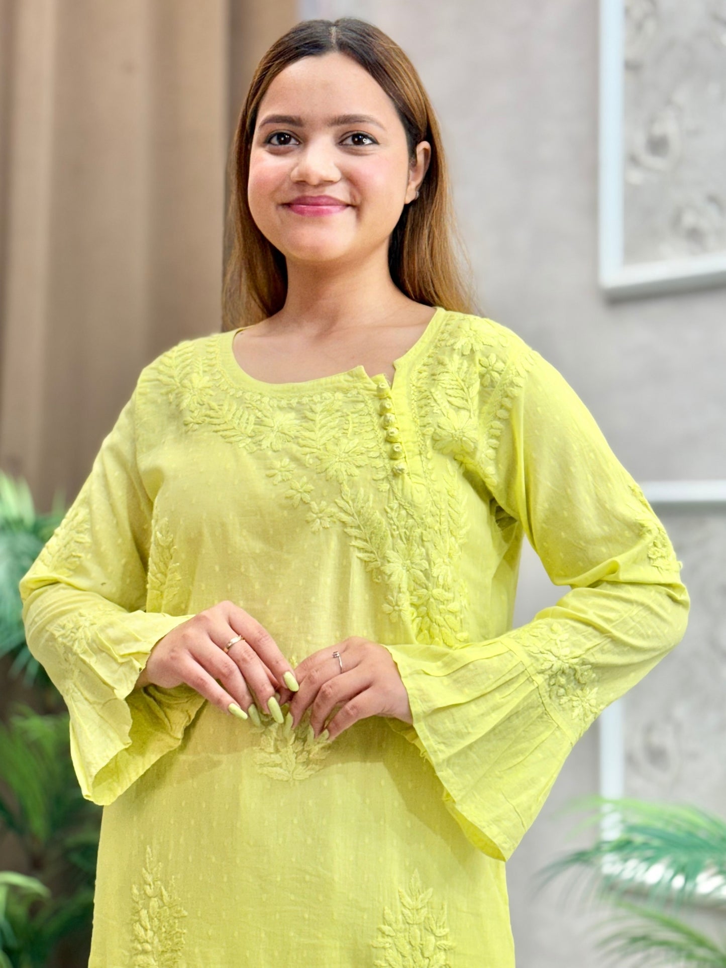 Yellow Chikankari dobby cotton kurta with hand embroidery and bell sleeves