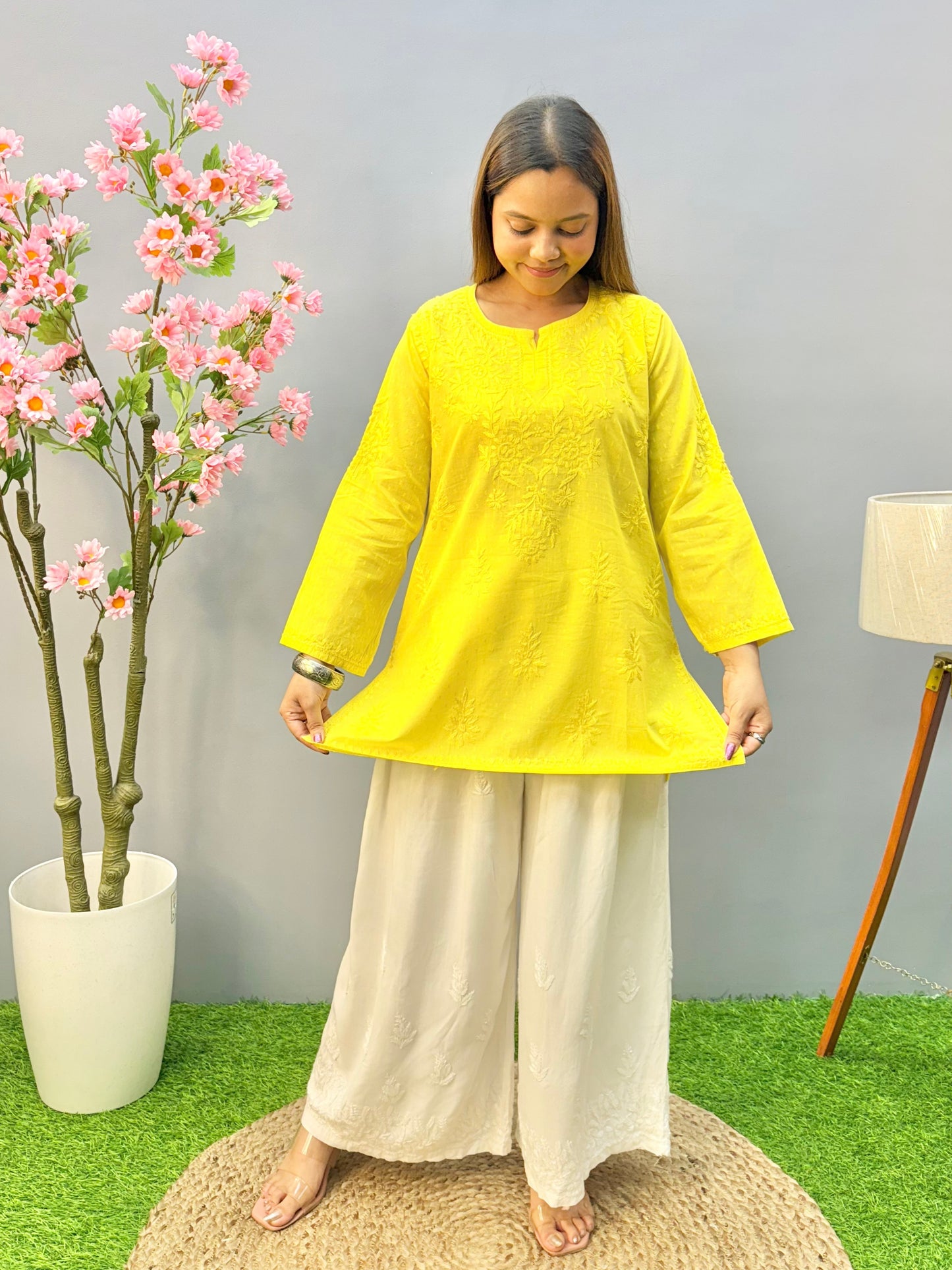 Sunshine yellow dobby cotton short chikankari kurta with hand embroidery
