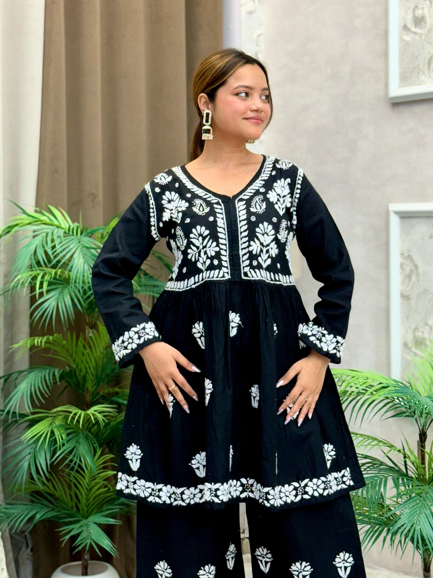 Black cotton Lucknow Chikankari kurta and palazzo set with white embroidery