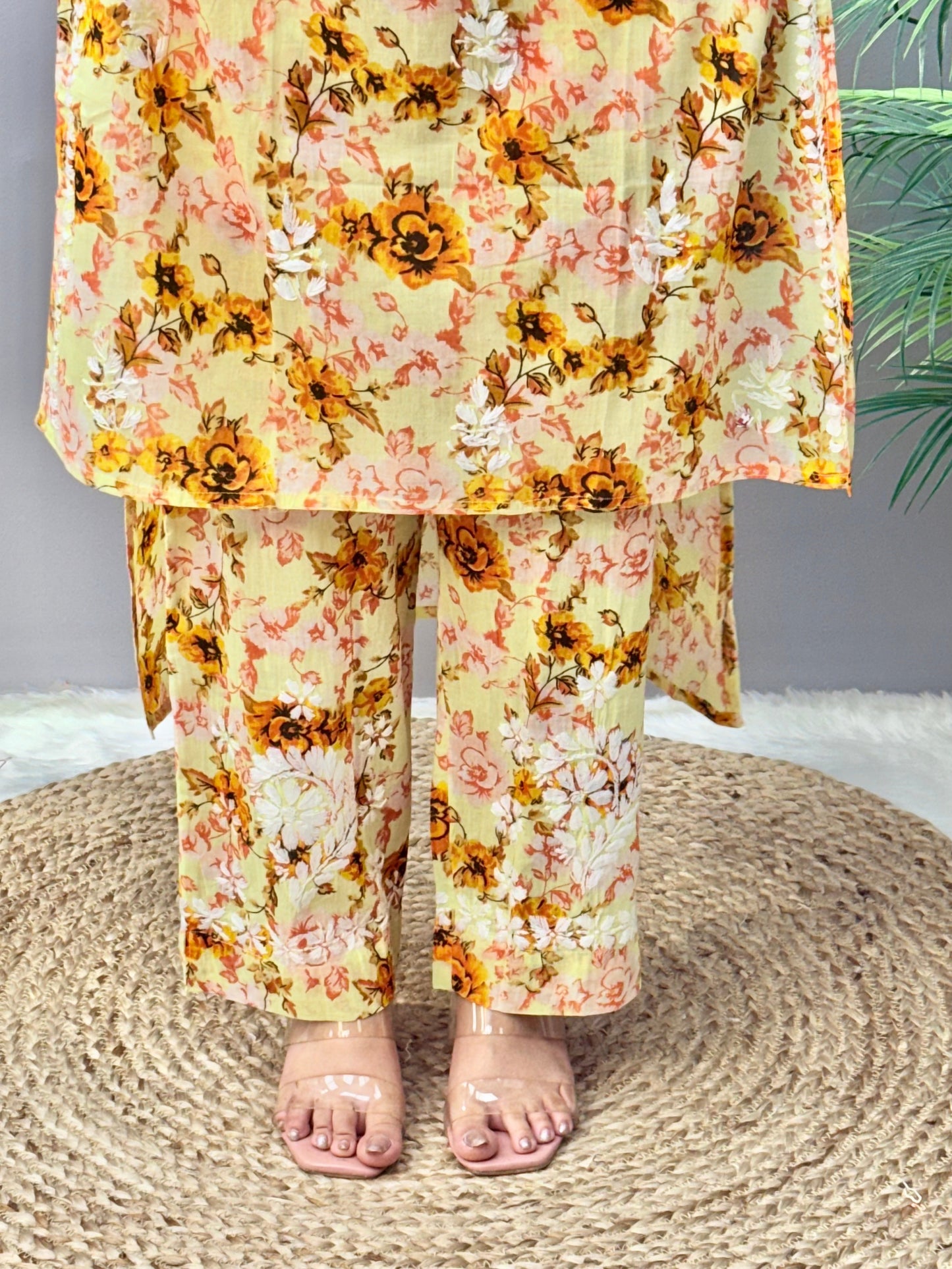 Sahar Sunshine – Yellow Floral Printed Mulmul Chikankari Kurta Pant Set