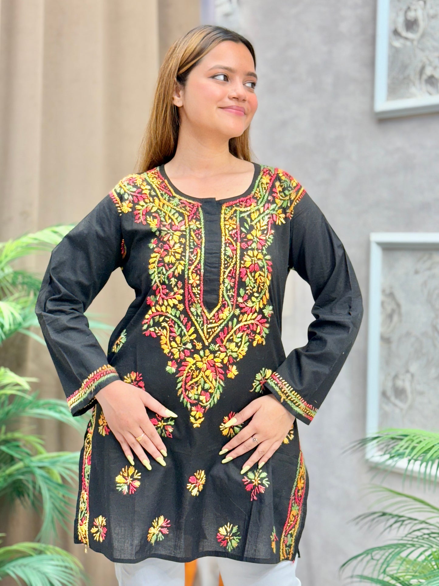 Black cotton short kurta with colorful Lucknow Chikankari floral embroidery