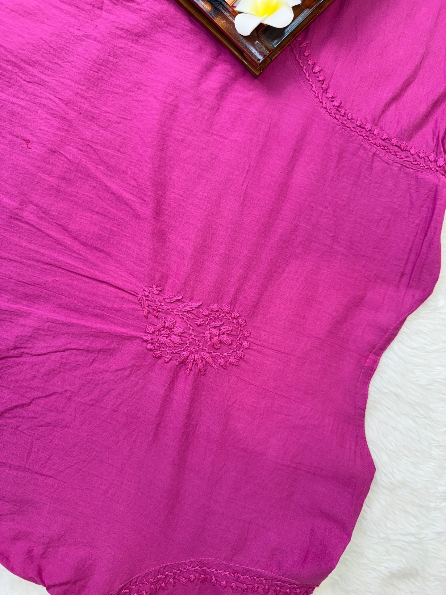 Magenta cotton short flair chikankari kurta with non-stretch pant and hand embroidery