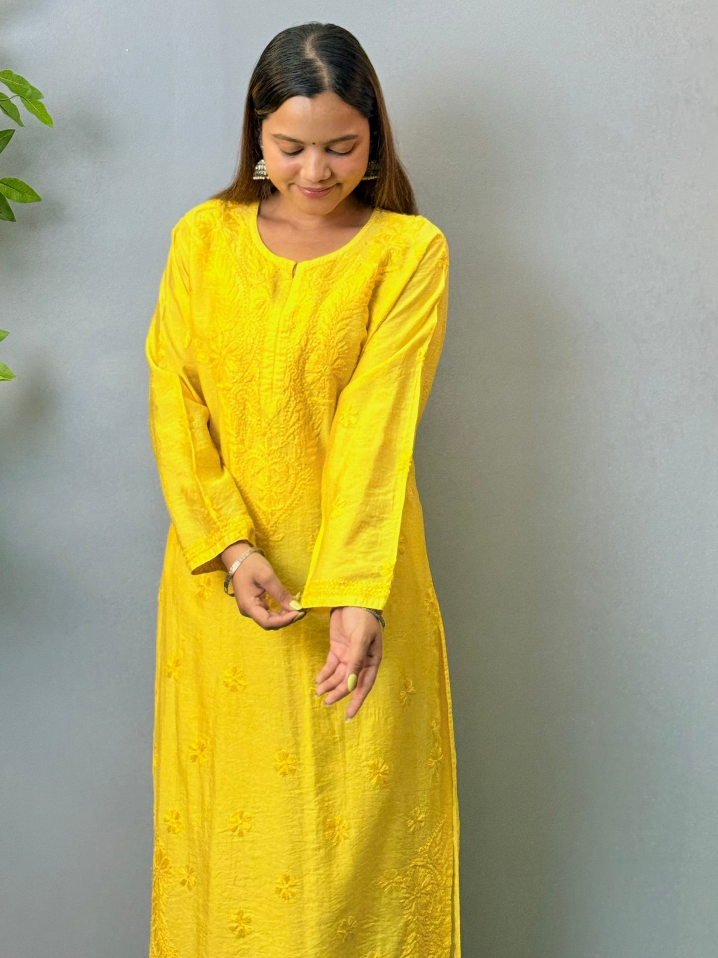 Yellow Chanderi Lucknow Chikankari Kurta with delicate hand embroidery